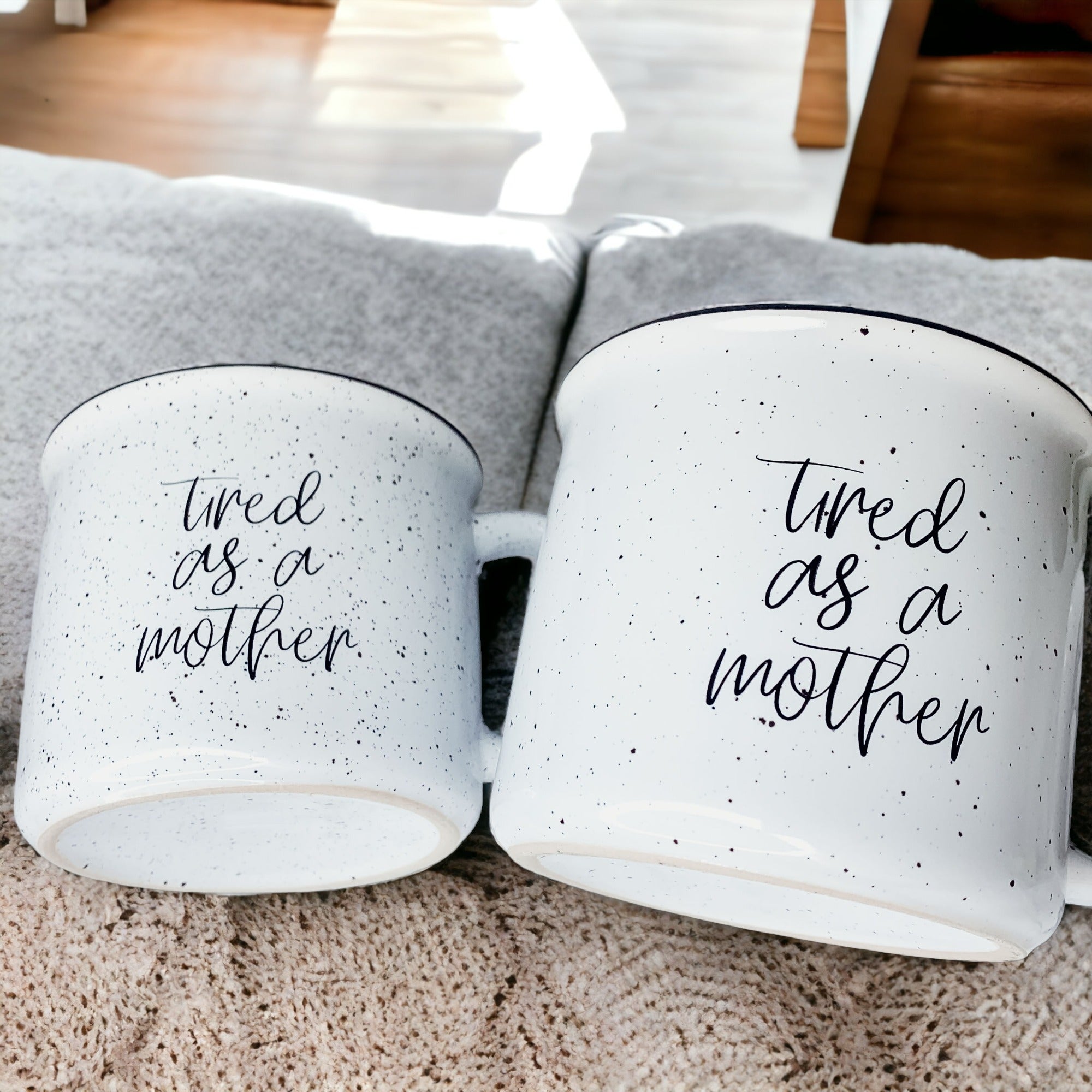 Tired As A Mother Campfire Mug Heavy Duty 15oz Oversized Ceramic Mug White Sesame Glaze Black Rim BandsCo Straps