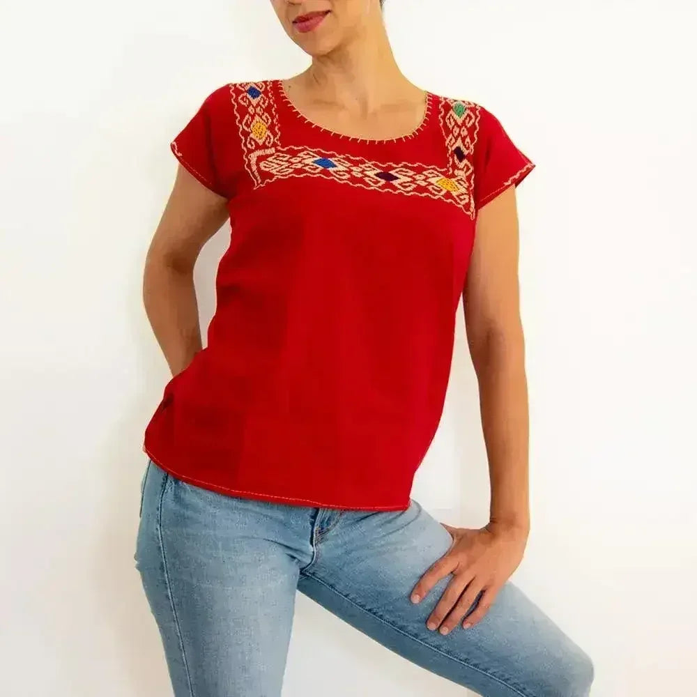Red Blouse Huipil with Colorful Hand Stitched on - SJB-DIAMOND ELITES
