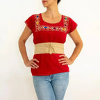 Red Blouse Huipil with Colorful Hand Stitched on - SJB-DIAMOND ELITES