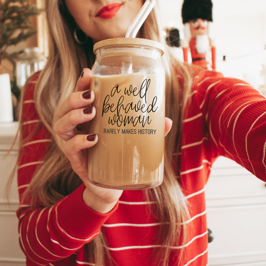 Well Behaved 17oz Glass Tumbler With Bamboo Lid, Stainless Straws and Cleaner BandsCo Straps