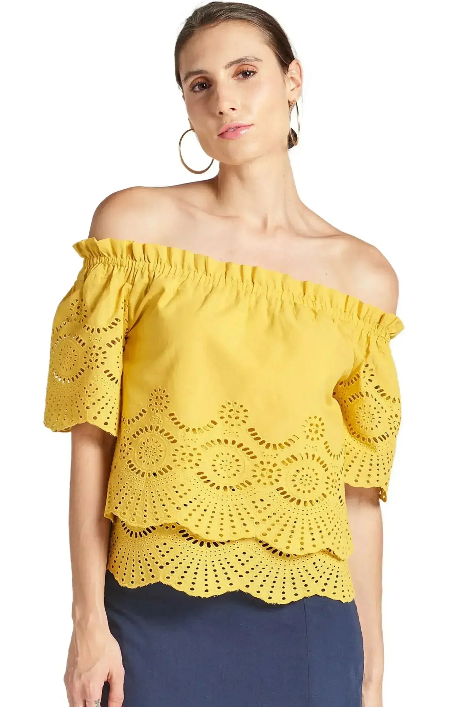 Marigold Daisy Top - Double layer off the shoulder cotton eyelet top - SJB-DIAMOND ELITES