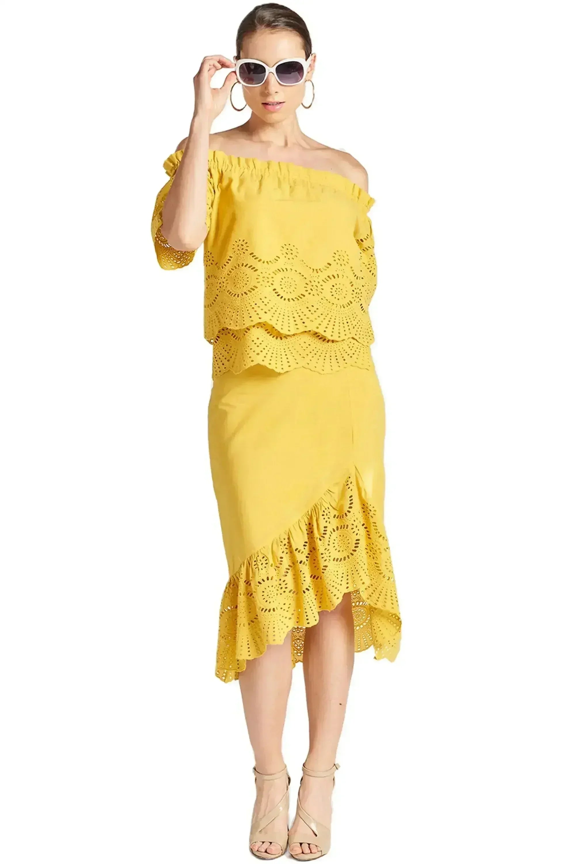 Marigold Daisy Top - Double layer off the shoulder cotton eyelet top - SJB-DIAMOND ELITES