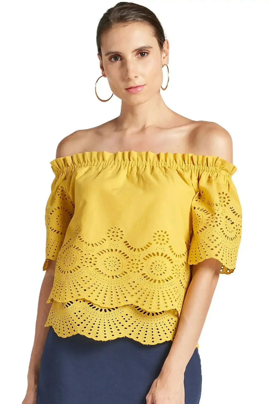 Marigold Daisy Top - Double layer off the shoulder cotton eyelet top - SJB-DIAMOND ELITES