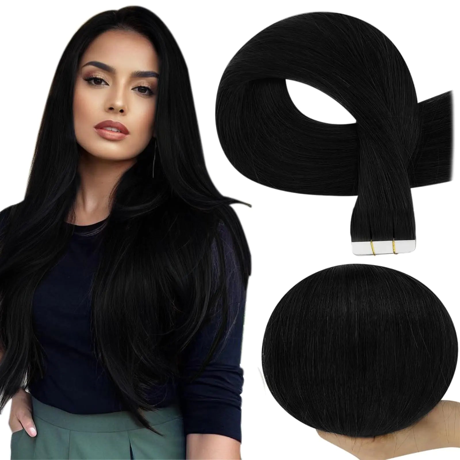 Full Shine Tape in Virgin Hair Extensions Color 1 Jet Black Tape in Hair Extensions 16 Inch Virgin Hair Extensions Tape in 20Pcs 50Grams Invisible Tape in Hair Extensions Human Hair for Women Pi-Mart