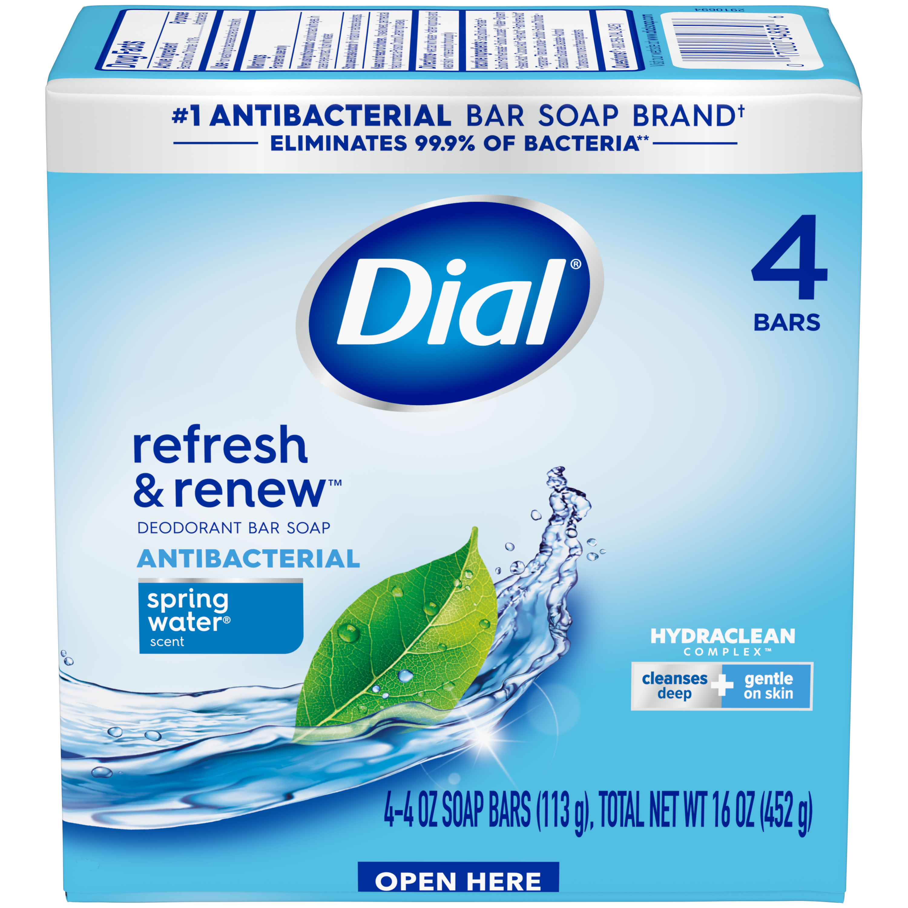 Dial Antibacterial Bar Soap, Refresh & Renew, Spring Water, 4 oz, 4 Bars