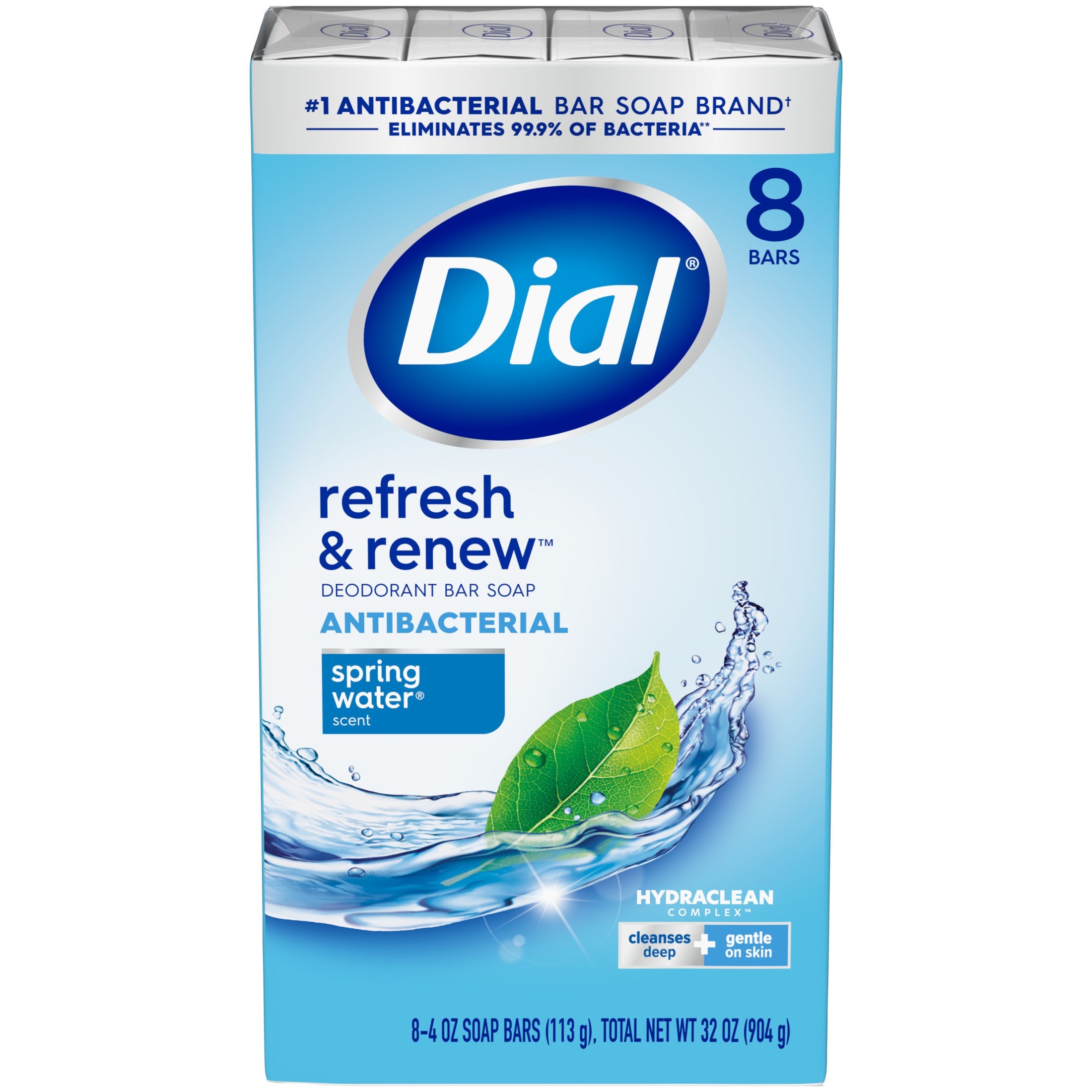 Dial Antibacterial Bar Soap, Refresh & Renew, Spring Water, 4 oz, 8 Bars