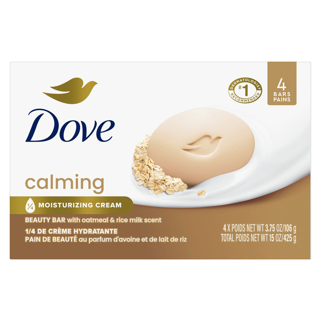 Dove Beauty Bar Soap for Women Calming Oatmeal & Rice Milk All Skin, 3.75oz 4 Bars