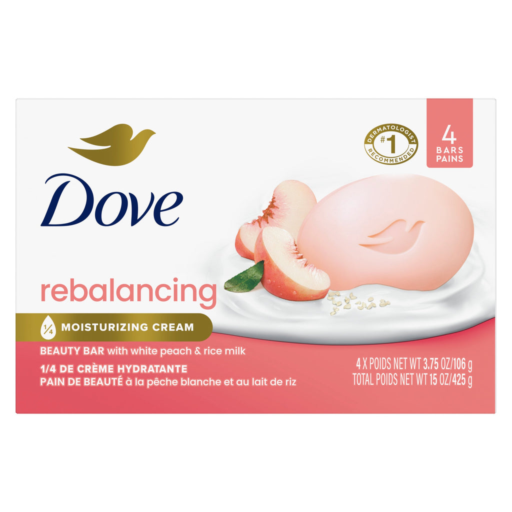 Dove Beauty Bar Soap for Women Rebalancing White Peach & Rice Milk All Skin, 3.75 oz 4 Bars