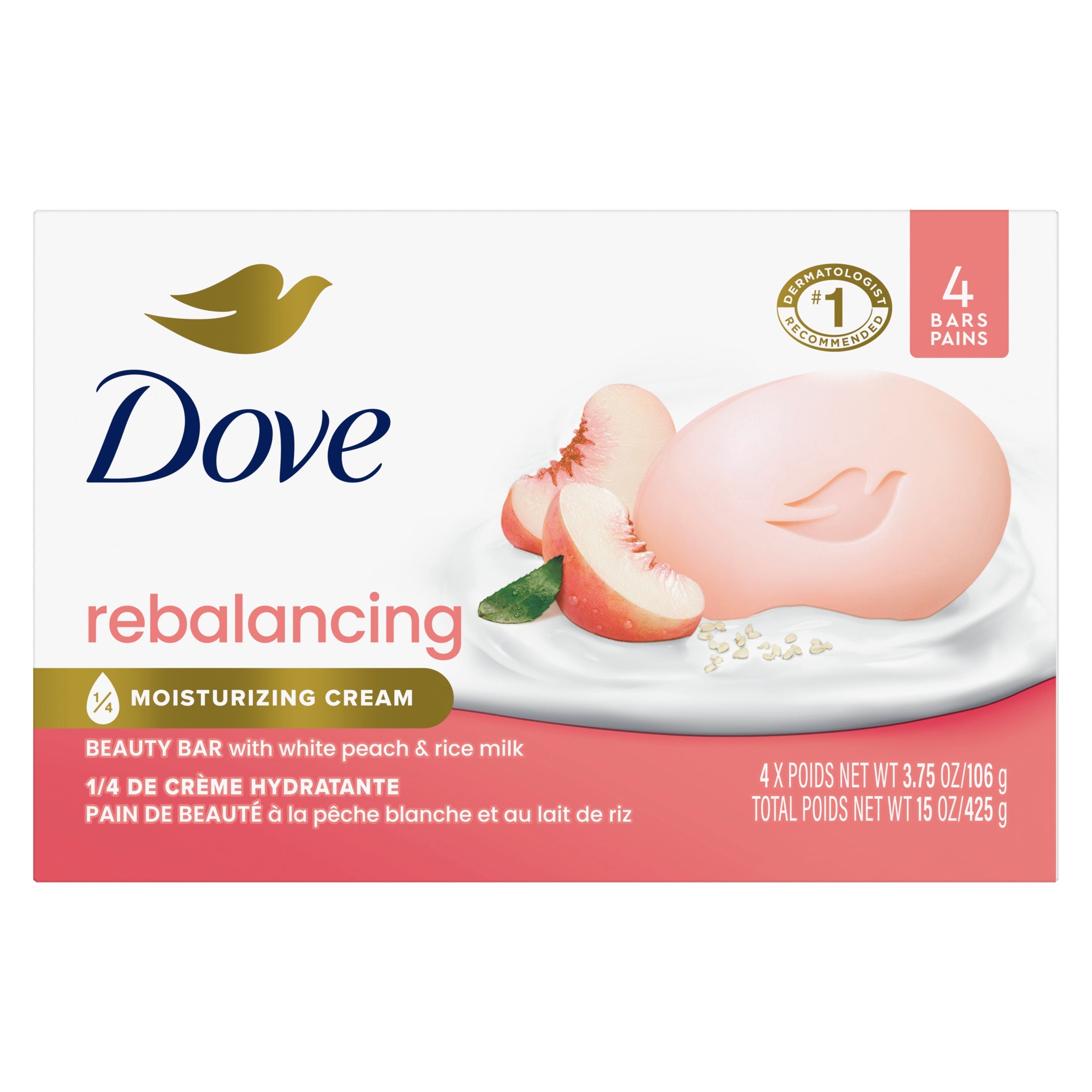 Dove Beauty Bar Soap for Women Rebalancing White Peach & Rice Milk All Skin, 3.75 oz 4 Bars