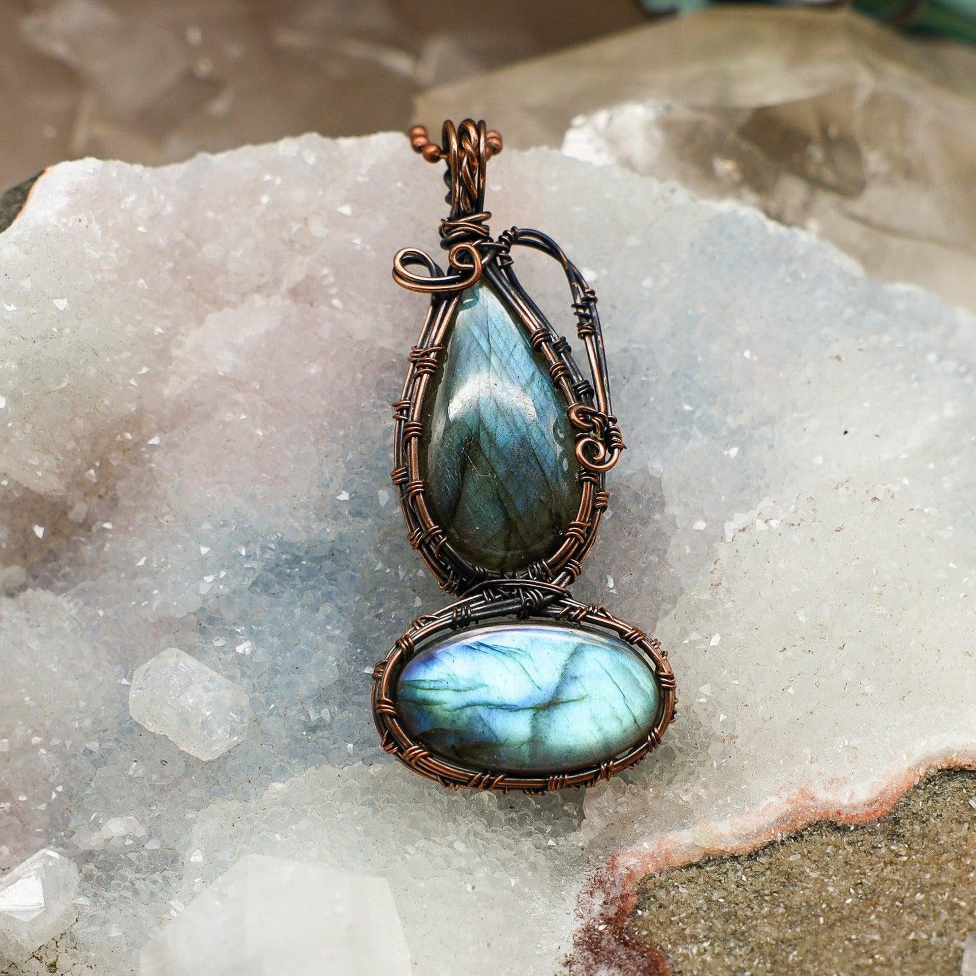 Dual Labradorite Wire Wrap Crystal Pendant - Double Flash - SJB-DIAMOND ELITES