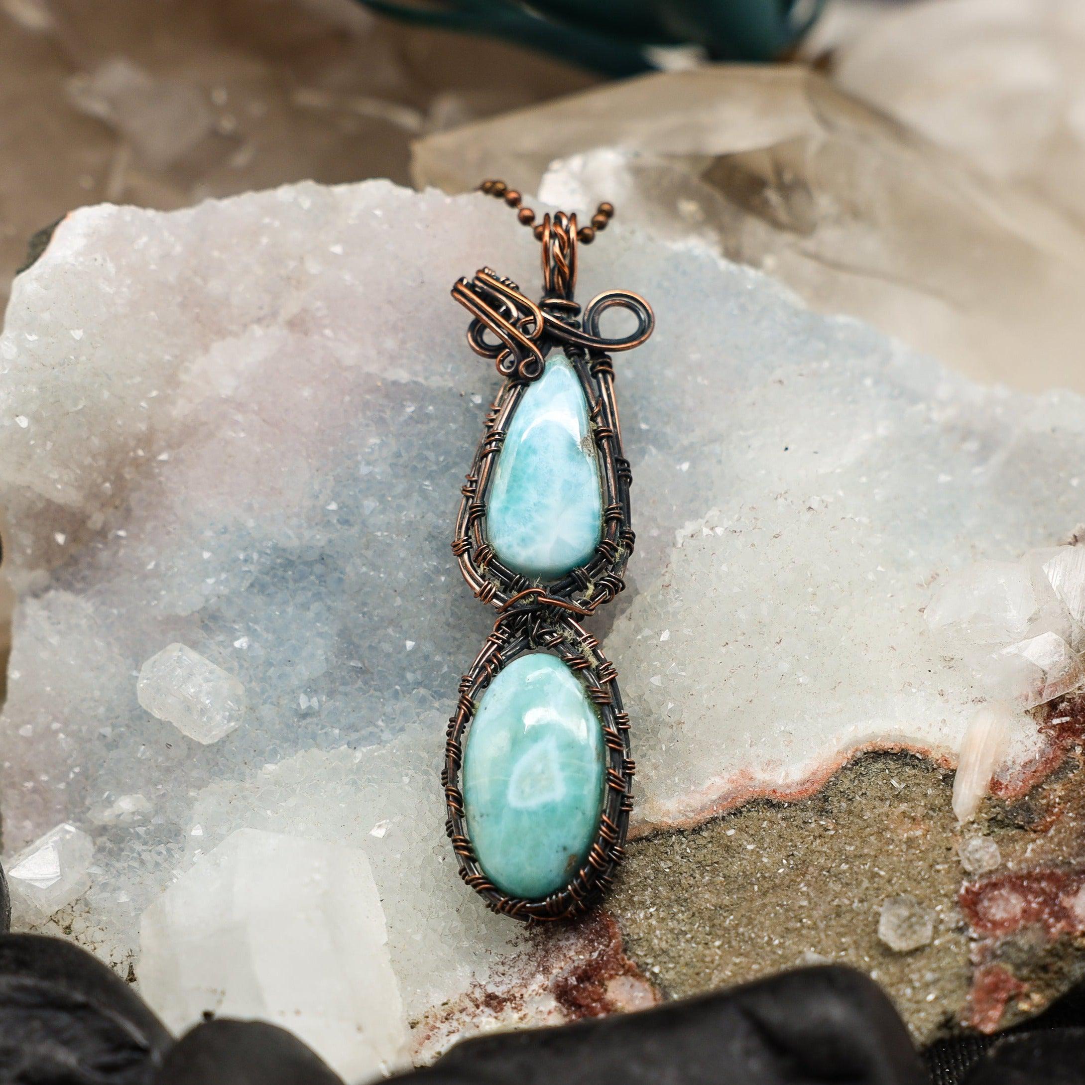 Dual Larimar Wire Wrap Crystal Pendant - SJB-DIAMOND ELITES