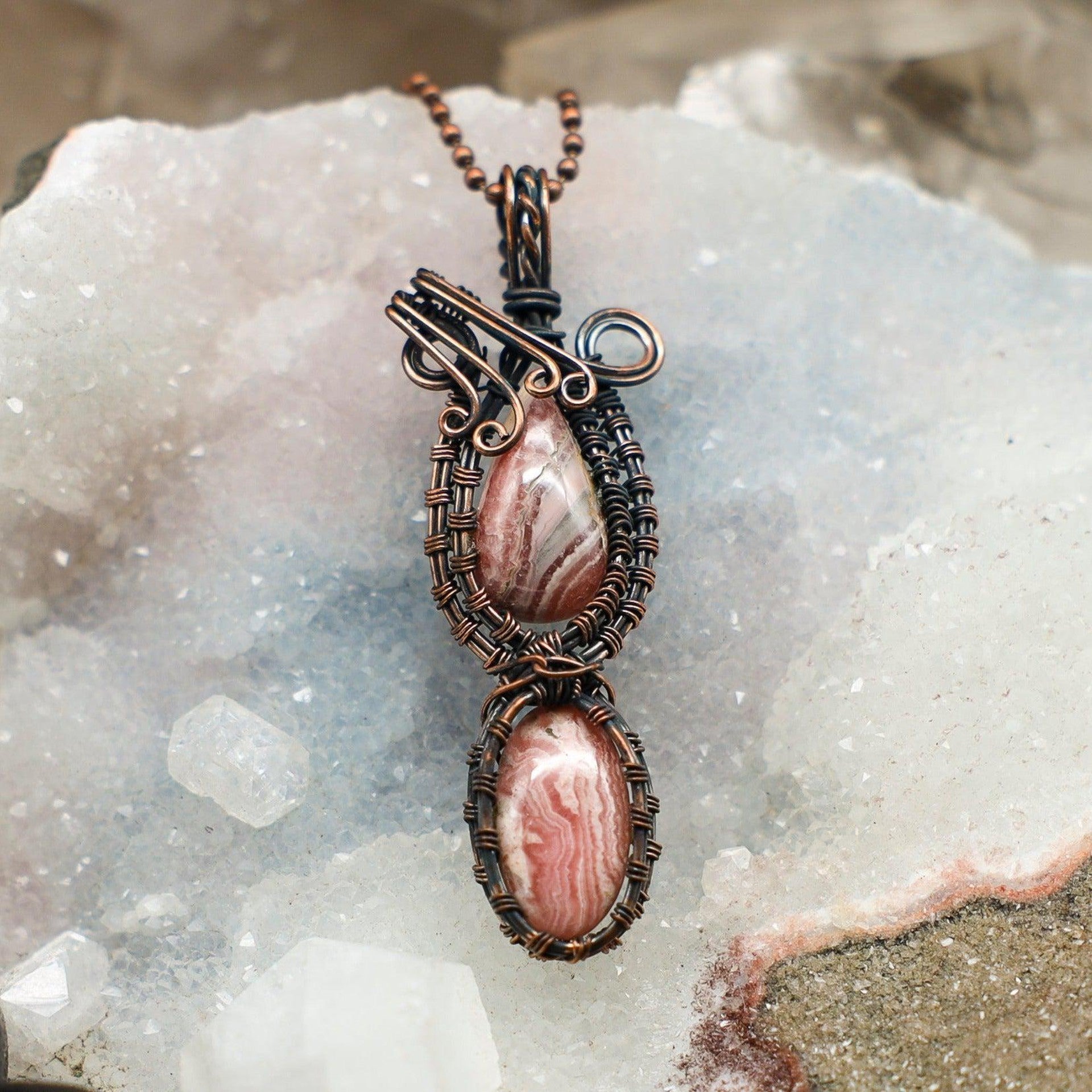 Dual Rhodochrosite Wire Wrap Crystal Pendant - Emotional Healing - SJB-DIAMOND ELITES
