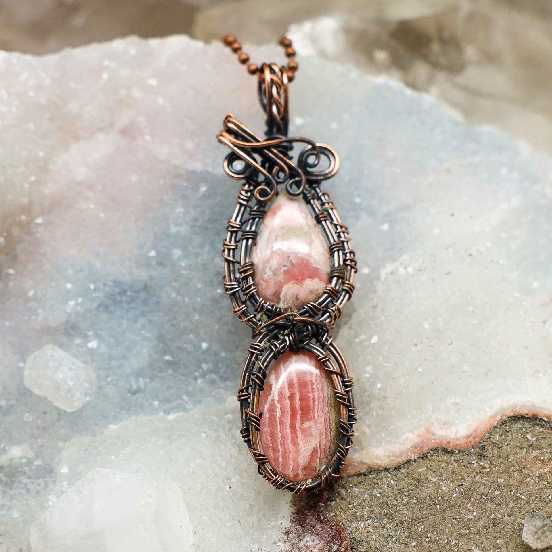 Dual Rhodochrosite Wire Wrap Crystal Pendant - Love & Compassion - SJB-DIAMOND ELITES
