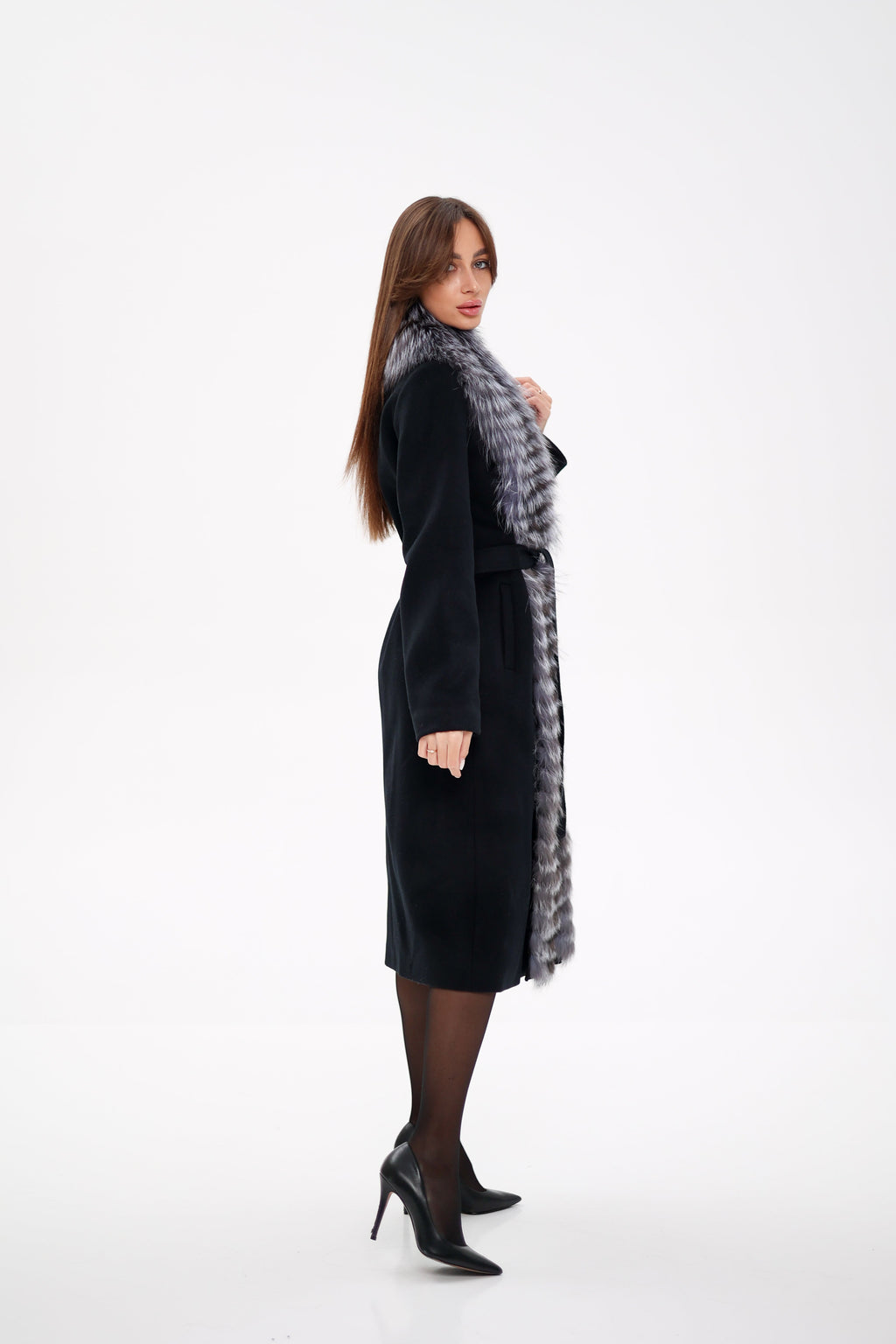 Genuine Silver Fox Virgin Wool Wrap Coat in Black - SJB-DIAMOND ELITES