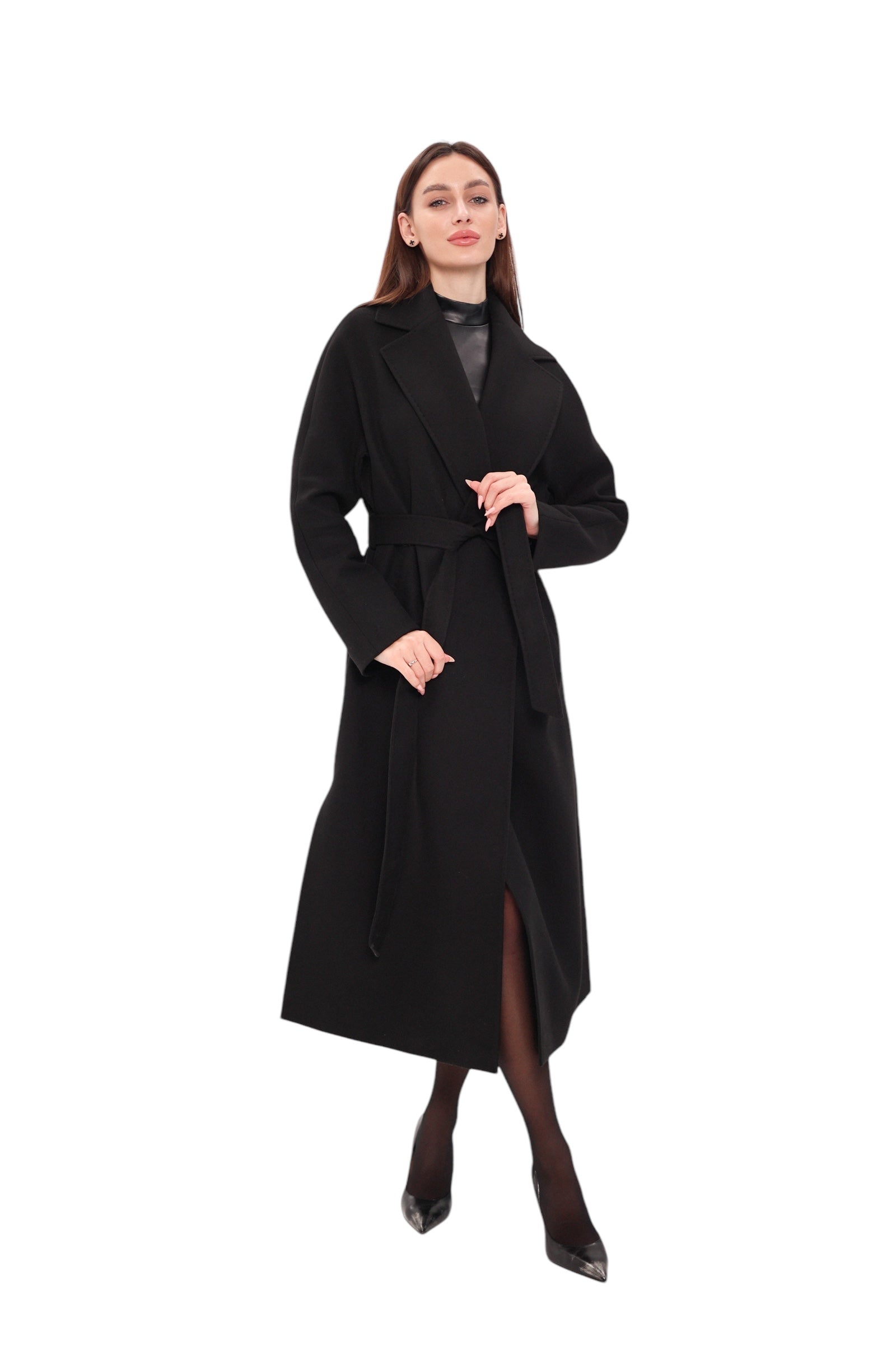 Pre-Order. Re-Stock Ships February 2026. Cambridge Comfort Wraparound Wool Cashmere Coat in Black