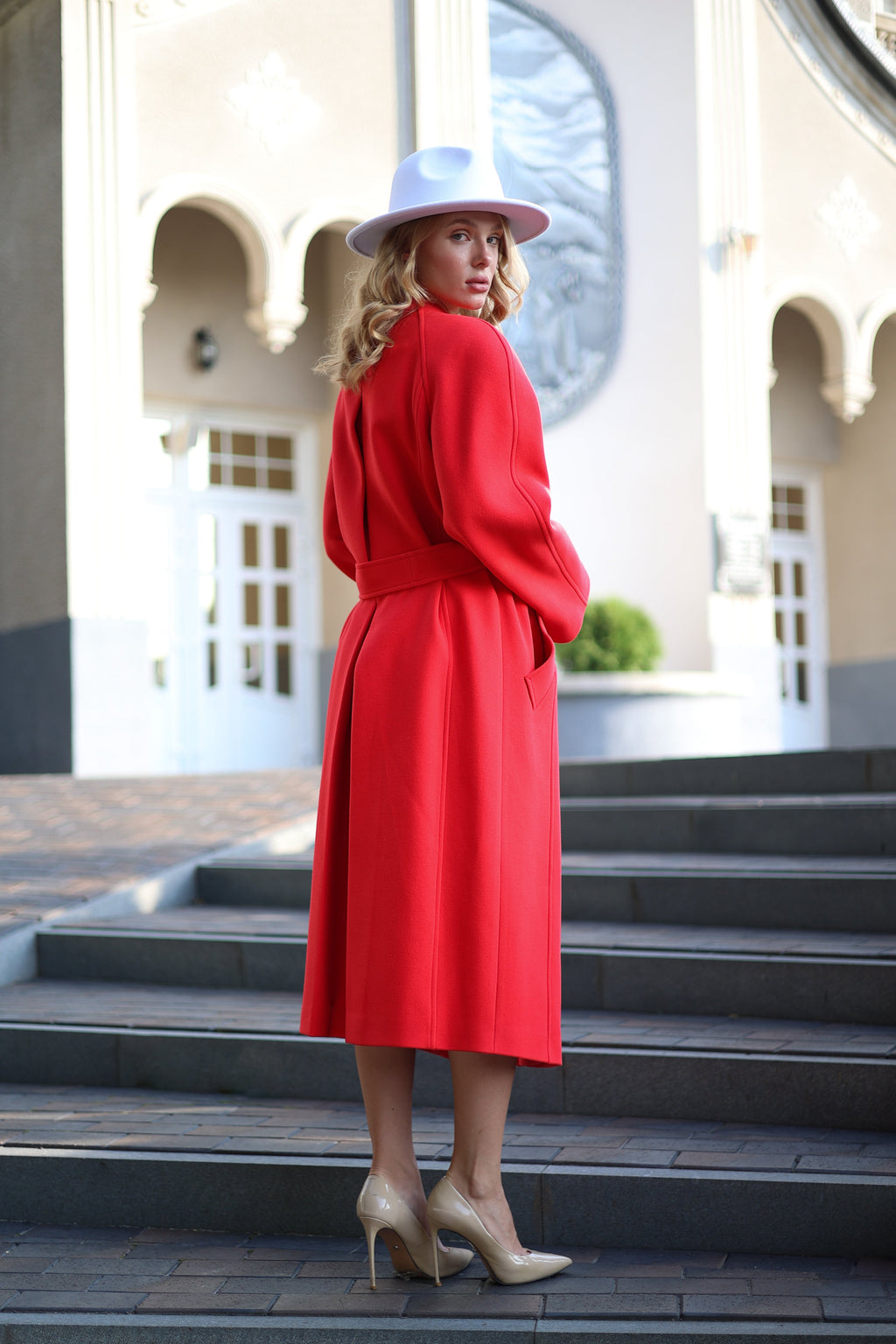 Band Collar Wool Blend Coat in Red - SJB-DIAMOND ELITES
