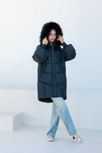 Celeste Genuine Fur Trim Down Fill Coat in Black