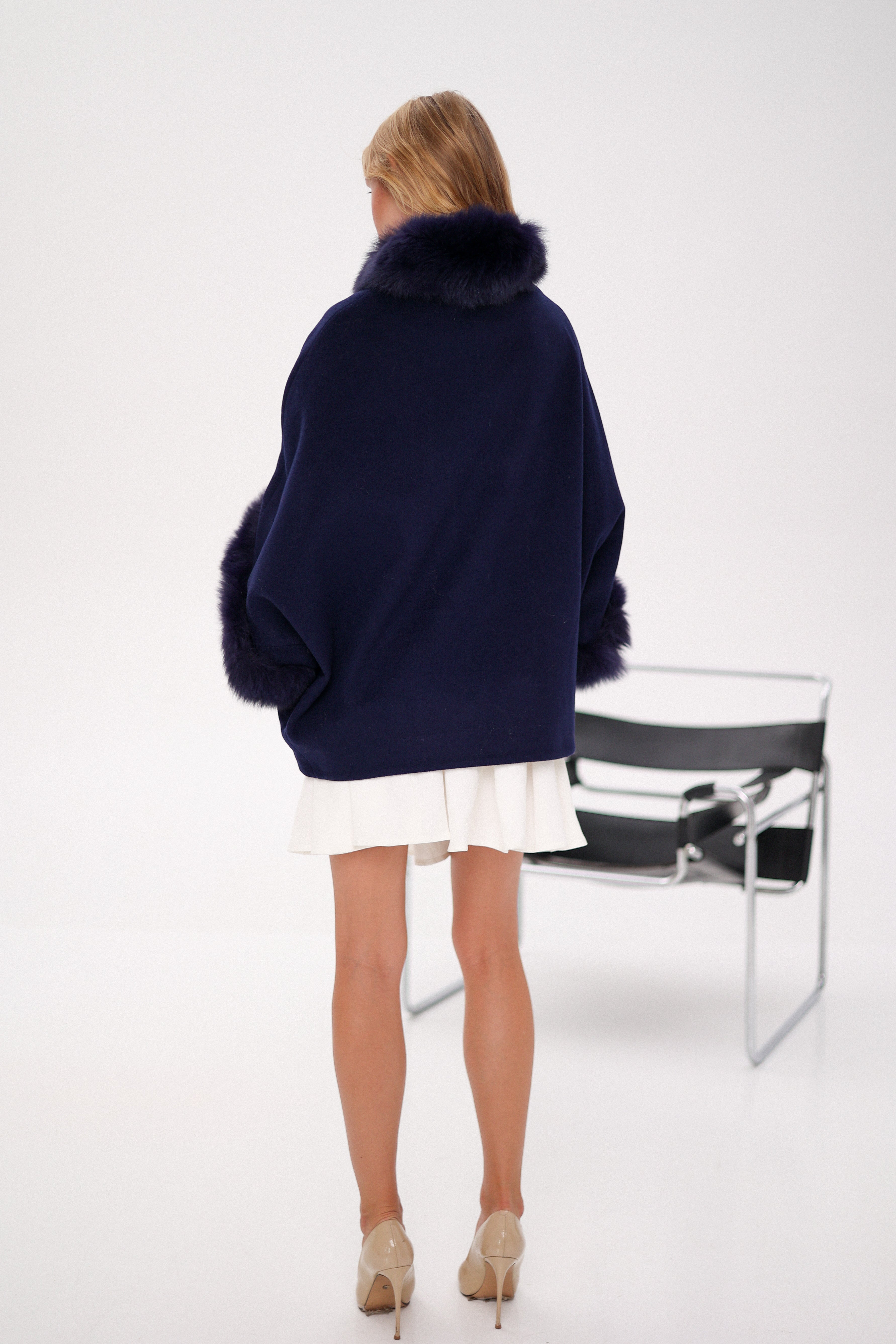 Genuine Polar Fox Fur Cashmere Blend Poncho in True Navy - SJB-DIAMOND ELITES