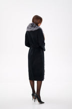 Genuine Silver Fox Virgin Wool Wrap Coat in Black - SJB-DIAMOND ELITES