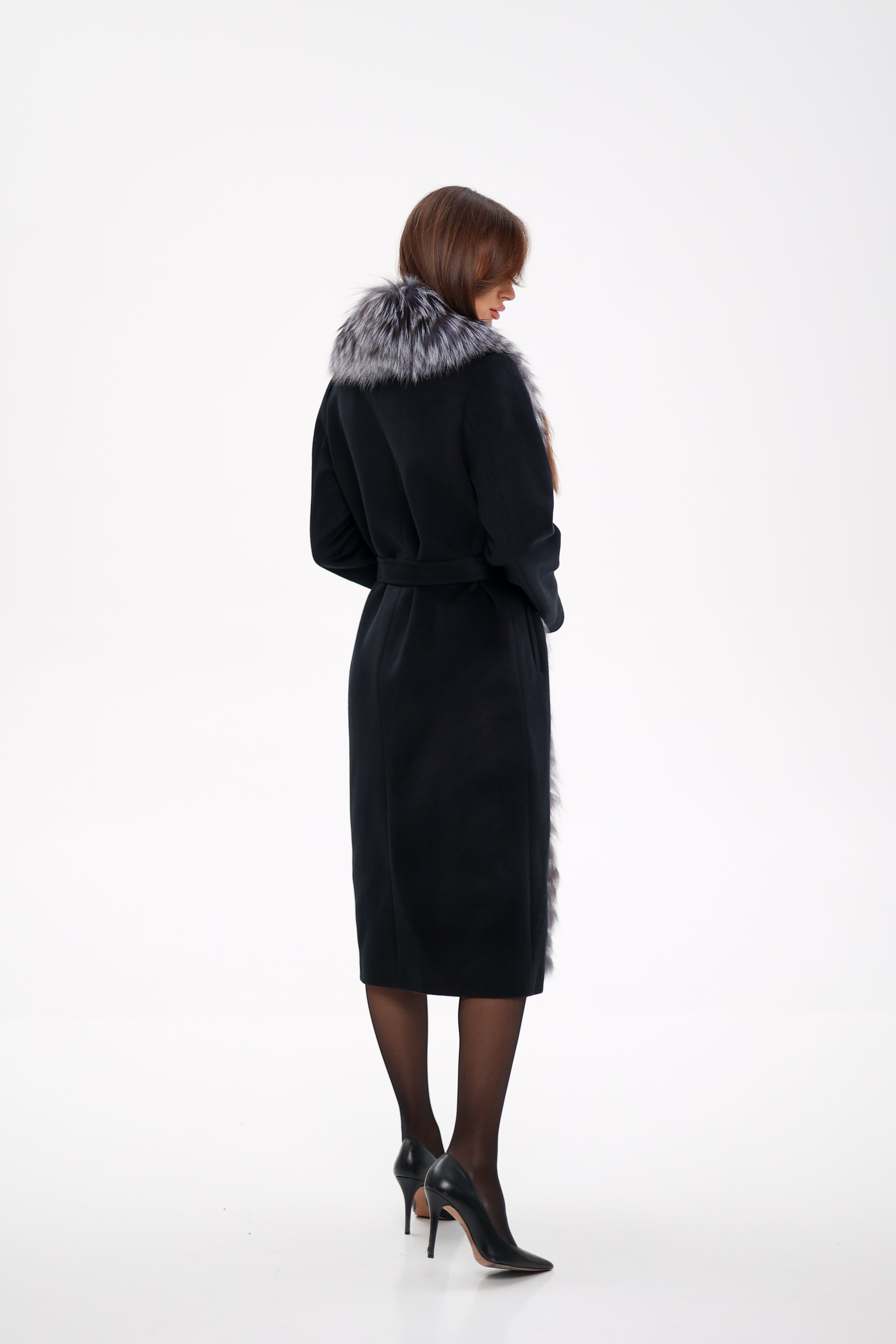 Genuine Silver Fox Virgin Wool Wrap Coat in Black - SJB-DIAMOND ELITES