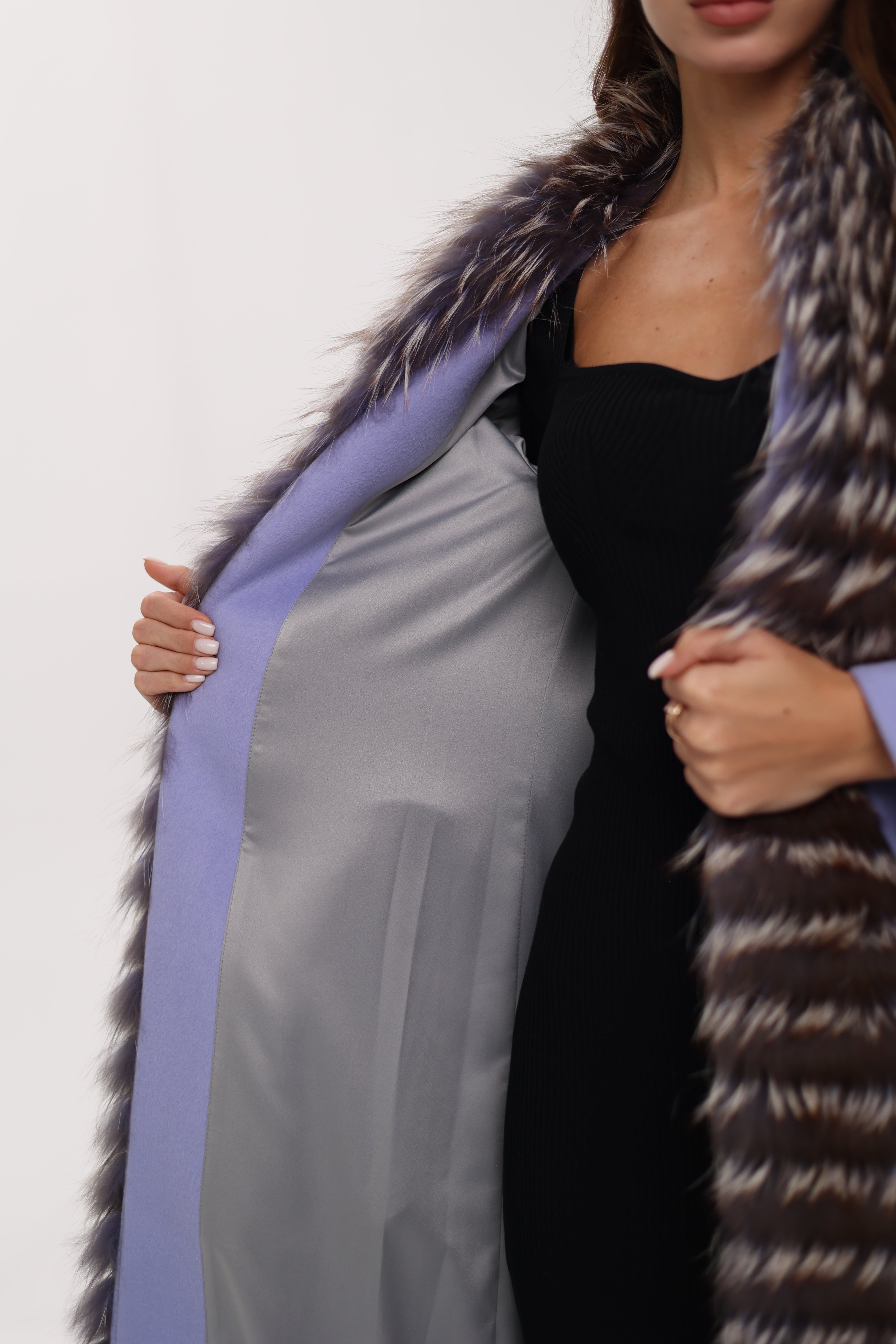 Genuine Silver Fox Virgin Wool Wrap Coat in Lavender - SJB-DIAMOND ELITES
