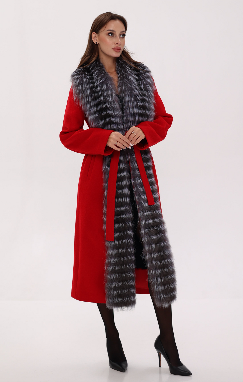 Genuine Silver Fox Virgin Wool Wrap Coat in Red - SJB-DIAMOND ELITES