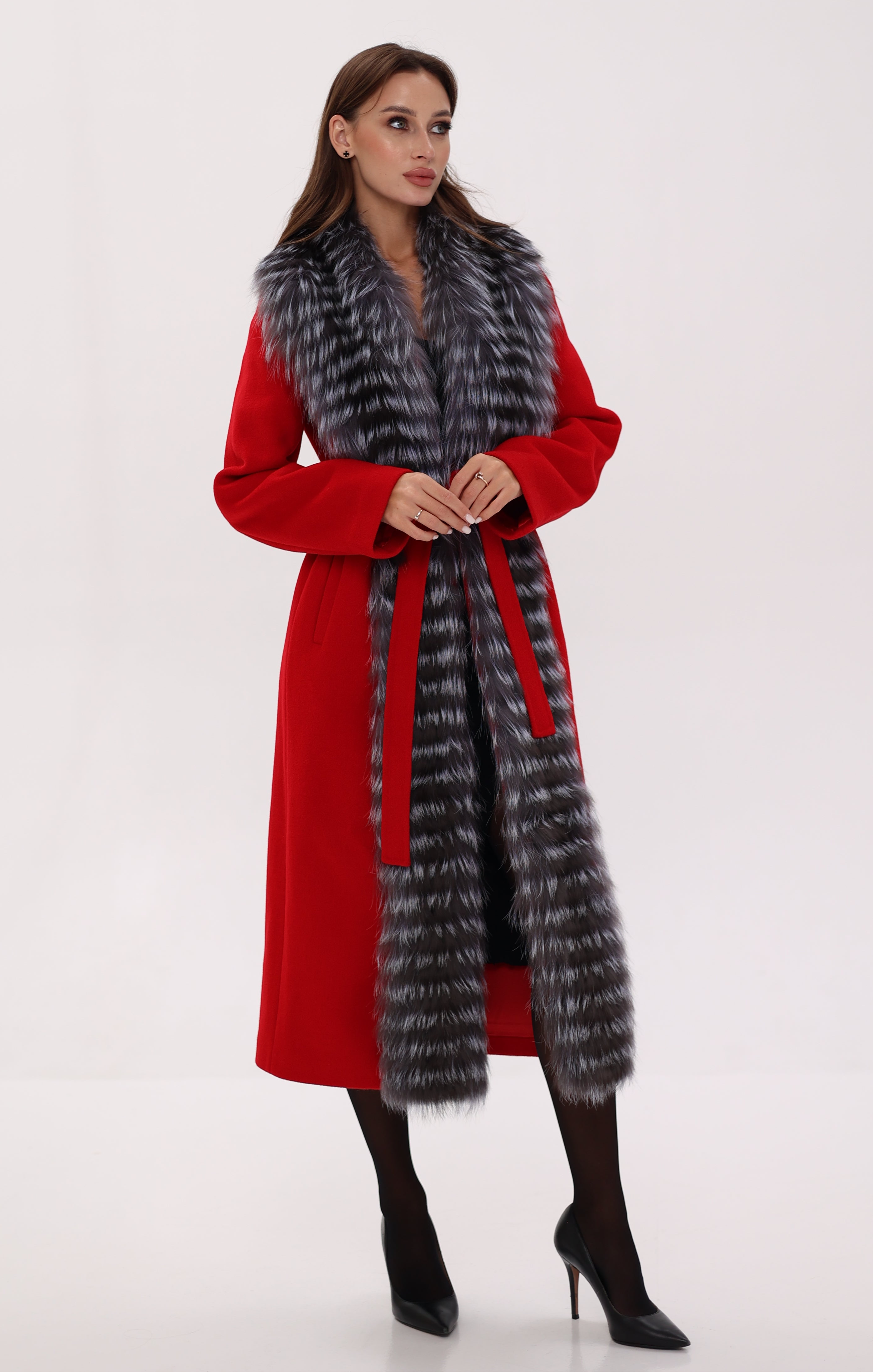 Genuine Silver Fox Virgin Wool Wrap Coat in Red - SJB-DIAMOND ELITES