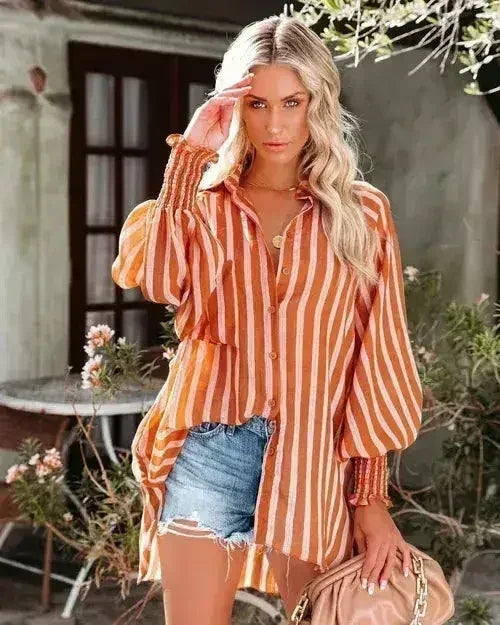Spring And Autumn New Lapel Shirts Thin Mid Length Striped Casual Long - SJB-DIAMOND ELITES