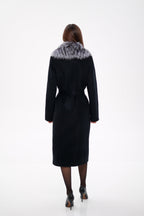 Genuine Silver Fox Virgin Wool Wrap Coat in Black - SJB-DIAMOND ELITES
