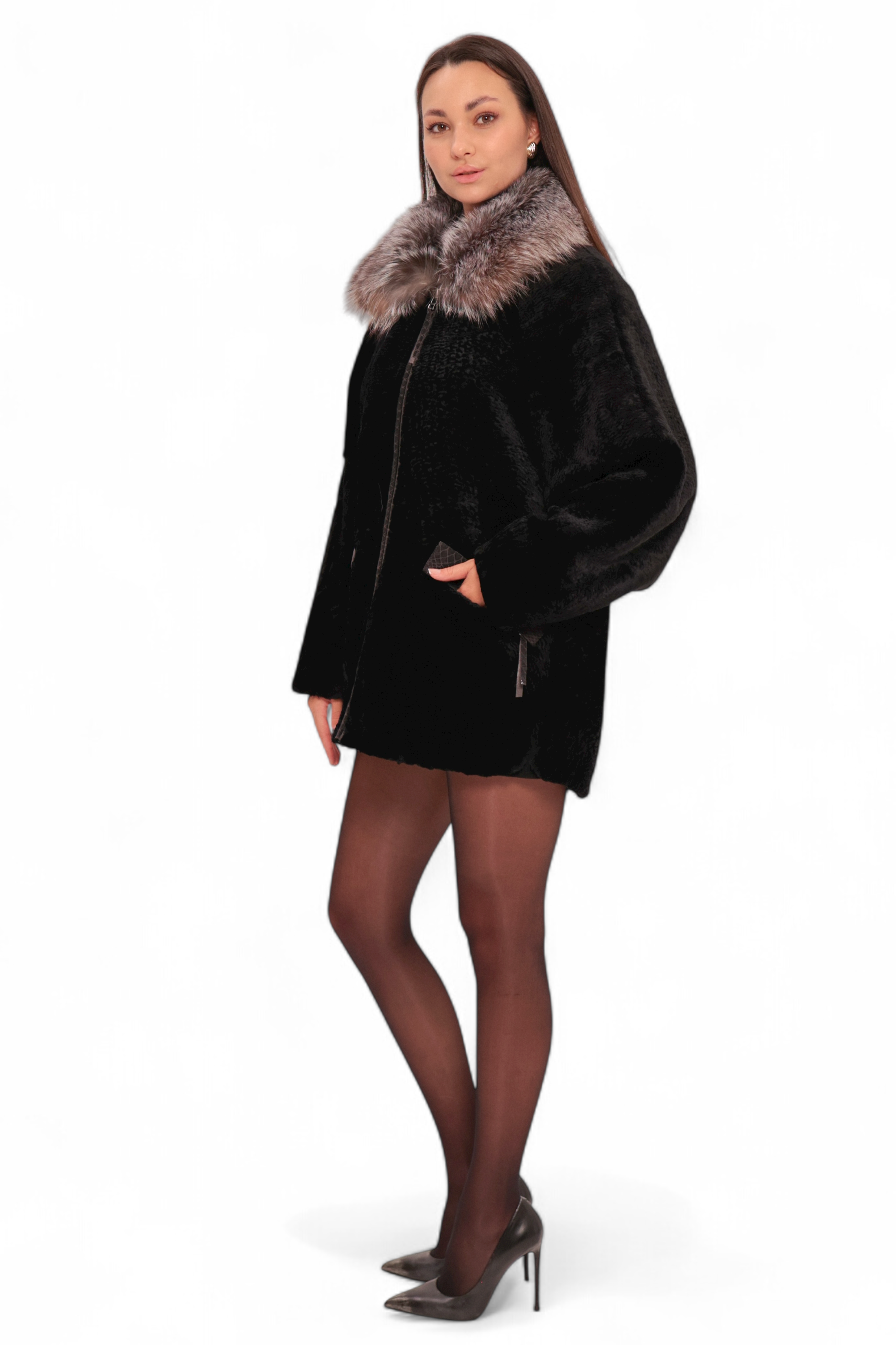 Palermo Genuine Astrakhan Silver Fox Trim Coat - SJB-DIAMOND ELITES