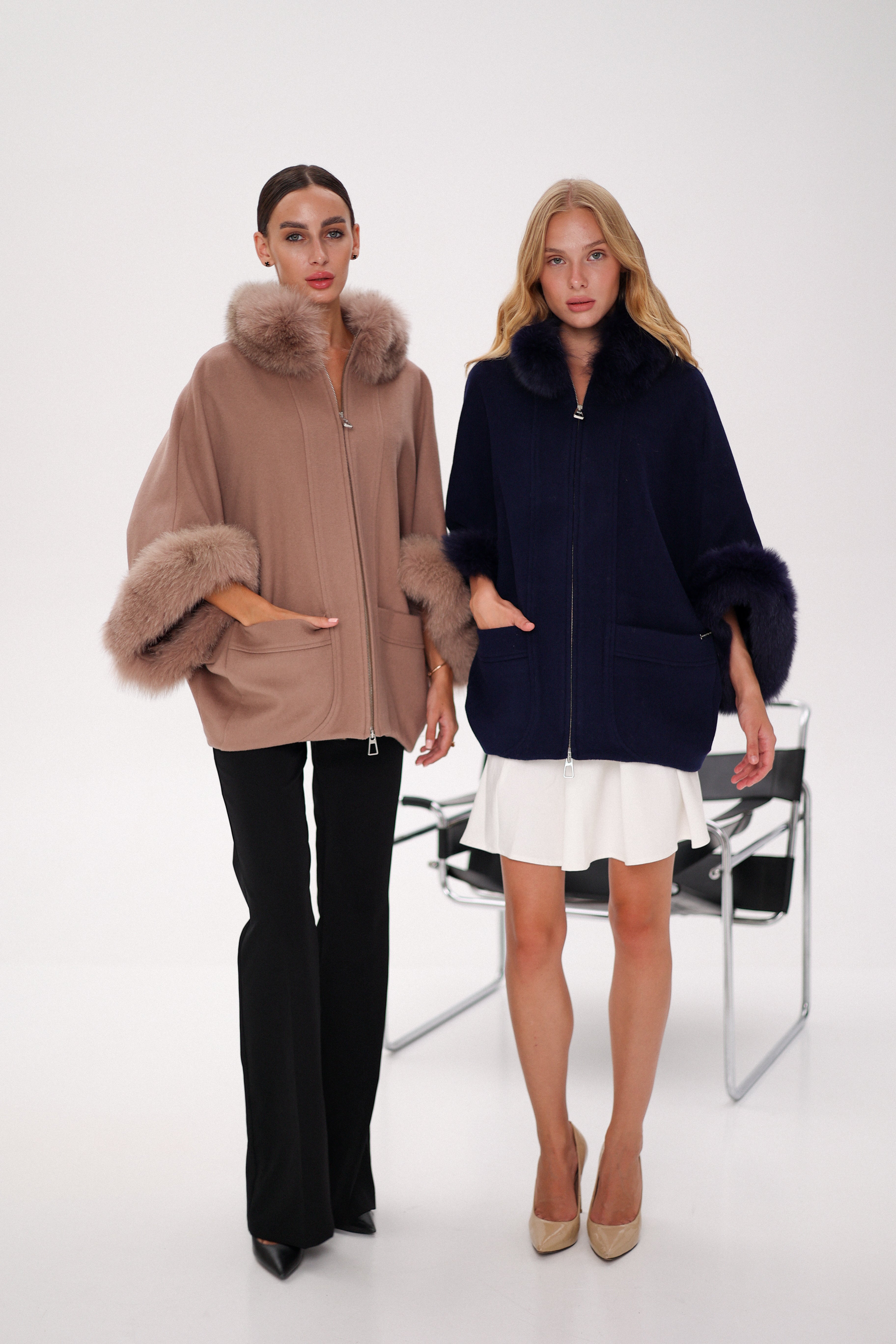 Genuine Polar Fox Fur Cashmere Blend Poncho in True Navy - SJB-DIAMOND ELITES