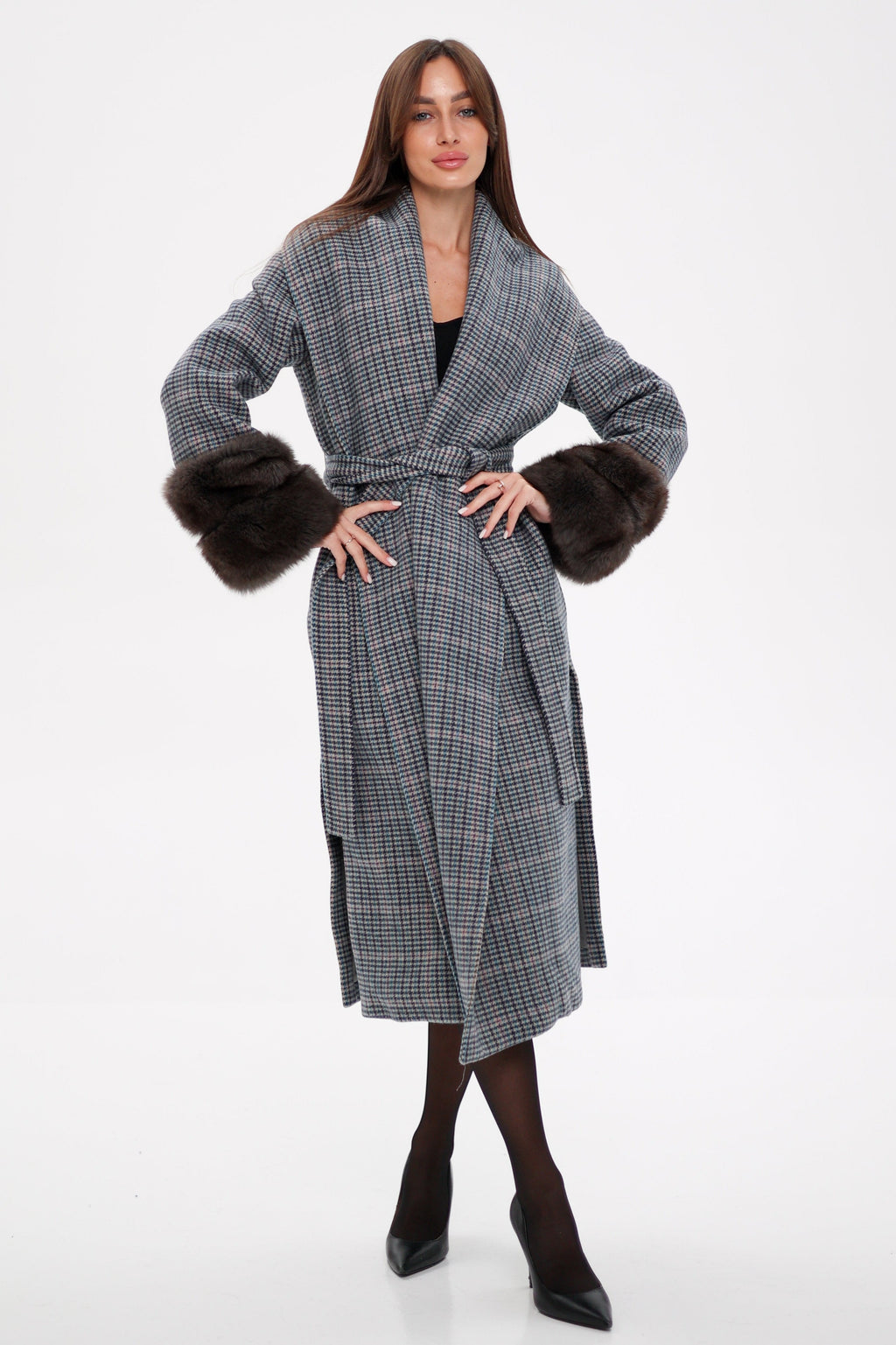 Genuine Polar Fox Fur Virgin Wool Wrap Coat - SJB-DIAMOND ELITES
