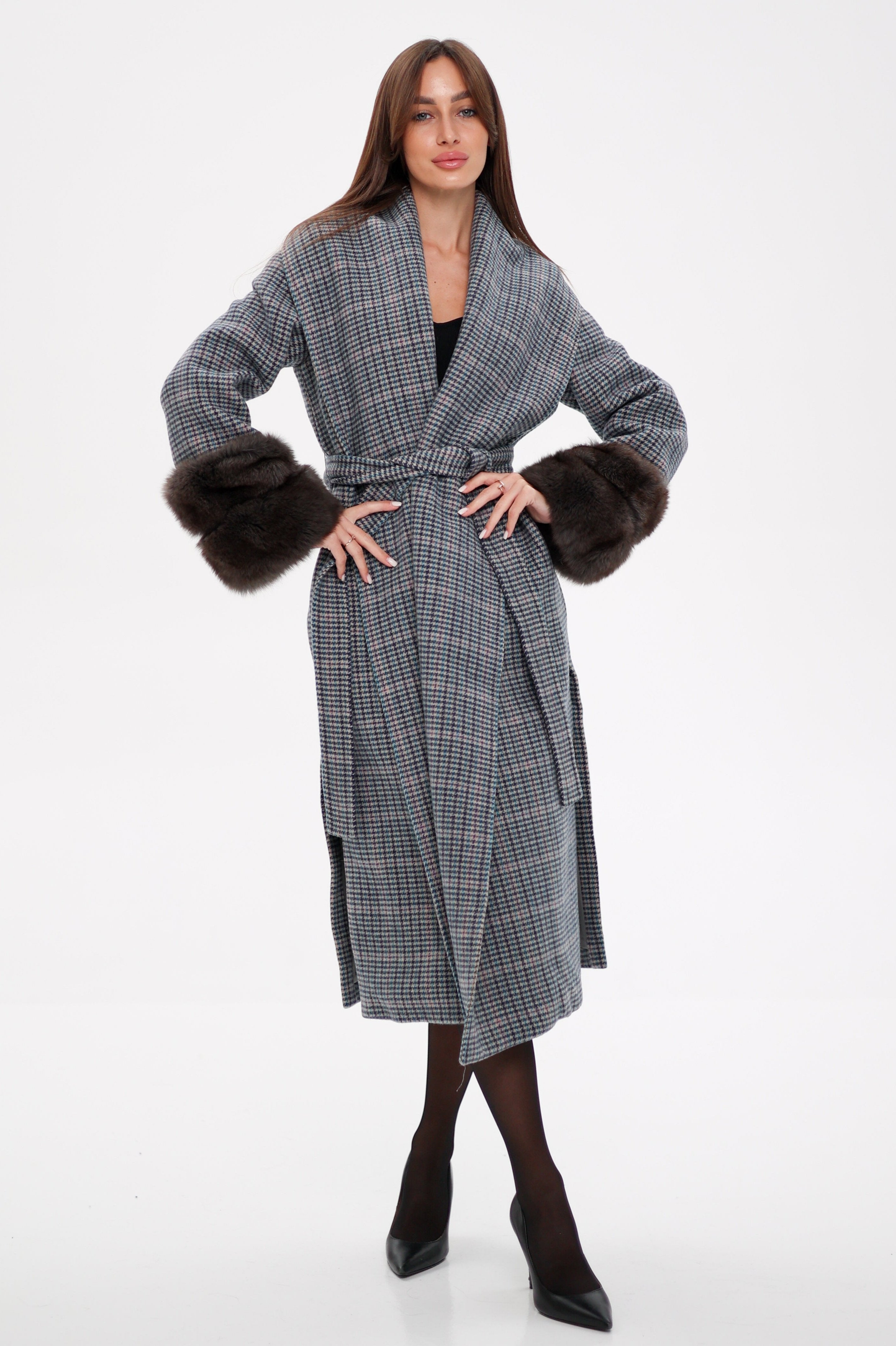 Genuine Polar Fox Fur Virgin Wool Wrap Coat - SJB-DIAMOND ELITES