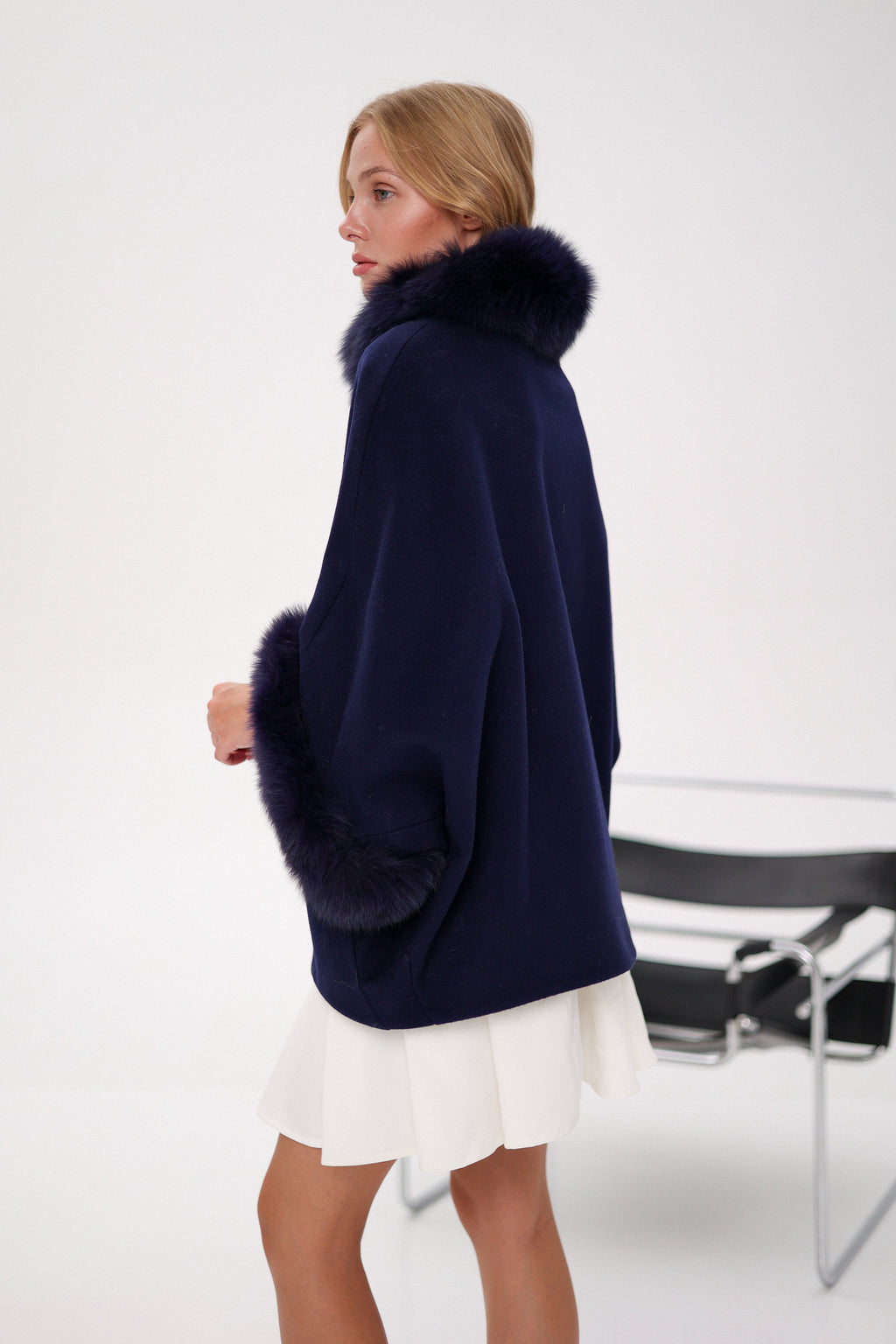 Genuine Polar Fox Fur Cashmere Blend Poncho in True Navy - SJB-DIAMOND ELITES