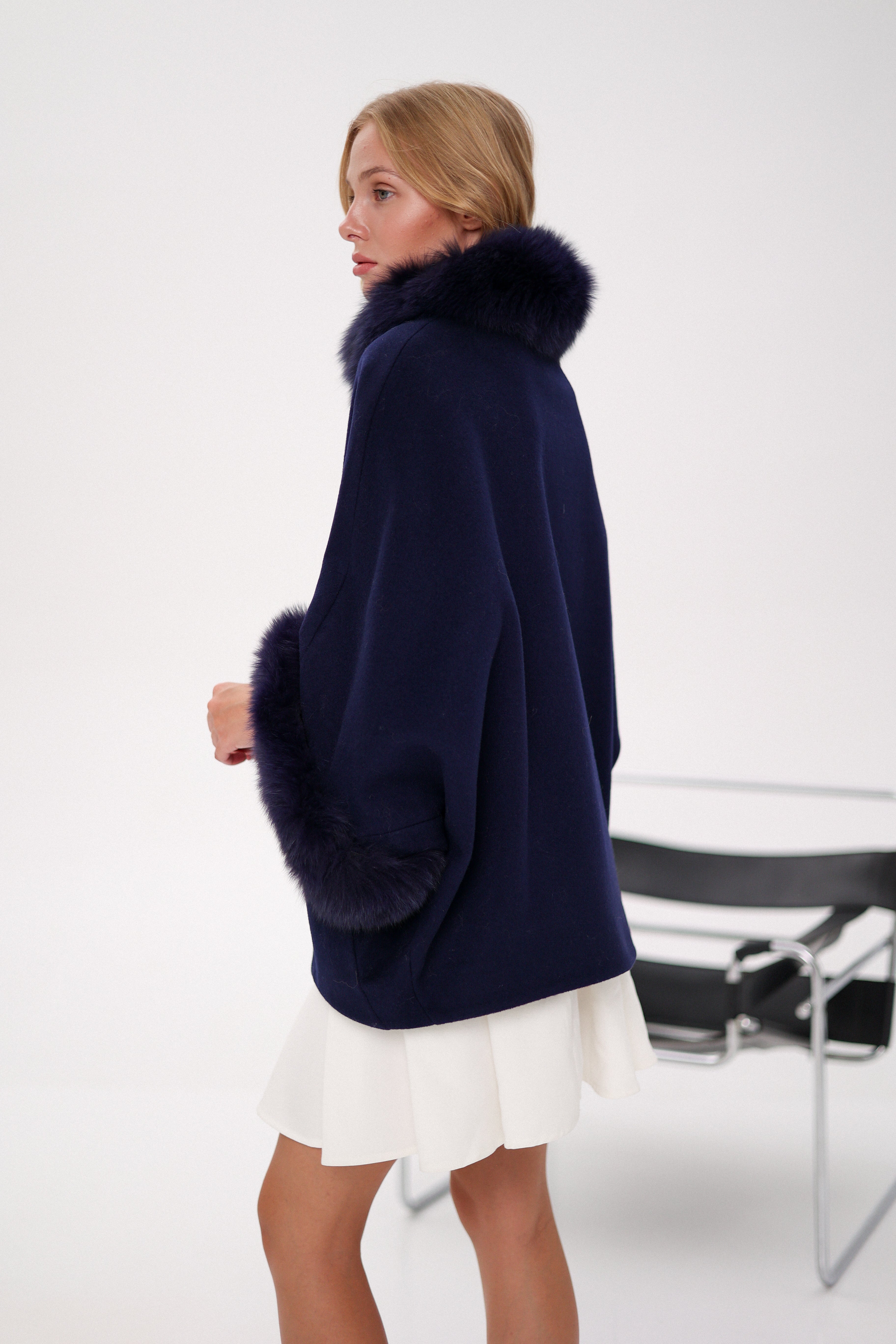 Genuine Polar Fox Fur Cashmere Blend Poncho in True Navy - SJB-DIAMOND ELITES
