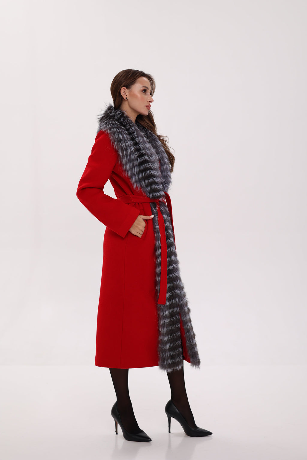 Genuine Silver Fox Virgin Wool Wrap Coat in Red - SJB-DIAMOND ELITES