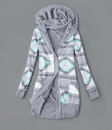 Thick Printed Hooded Knitted Cardigan Jacket Pi-Mart