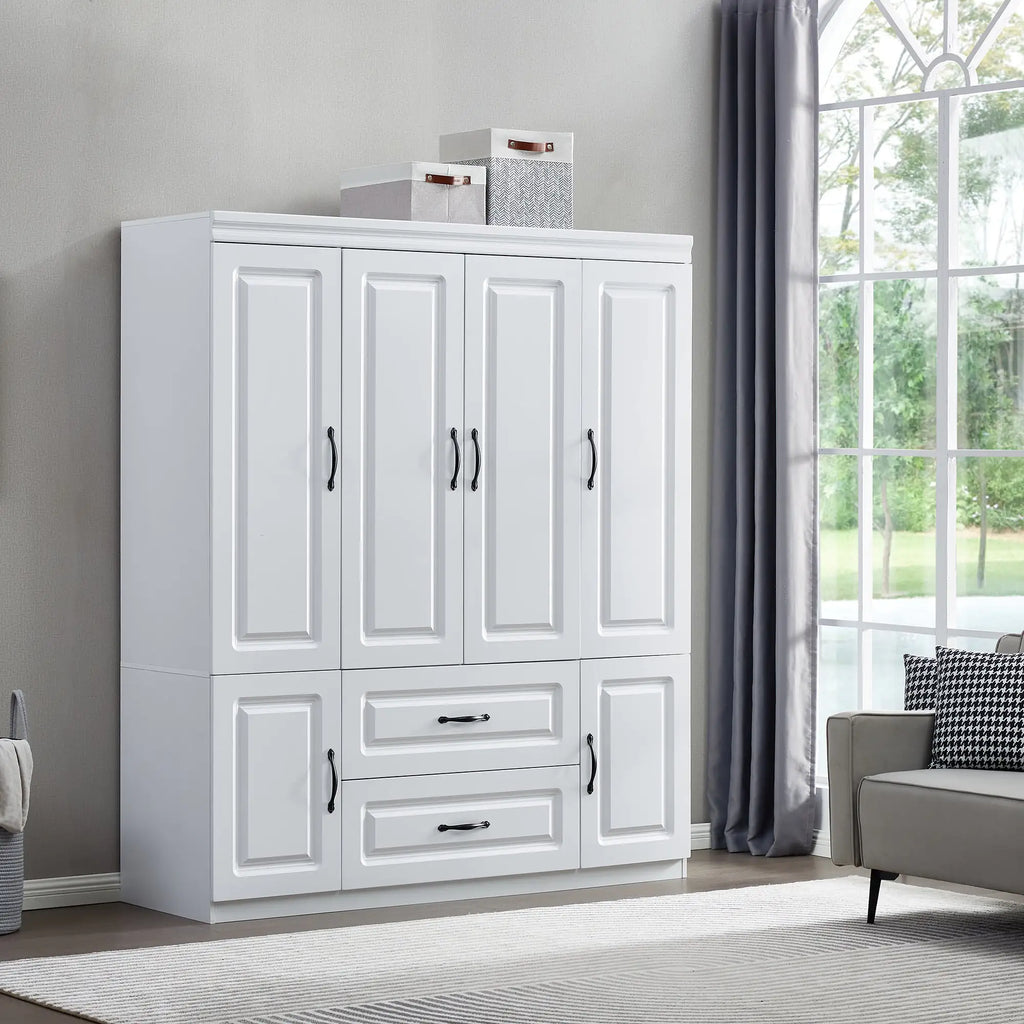 YG-15 74" H White Solid Wood Freestanding Wardrobe Closet for Clothes Storage. Bedroom Wardrobe Storage Cabinet featuring 2 Hanging Rod Shelves, 2 Drawers, and 5 Storage Compartments Pi-Mart