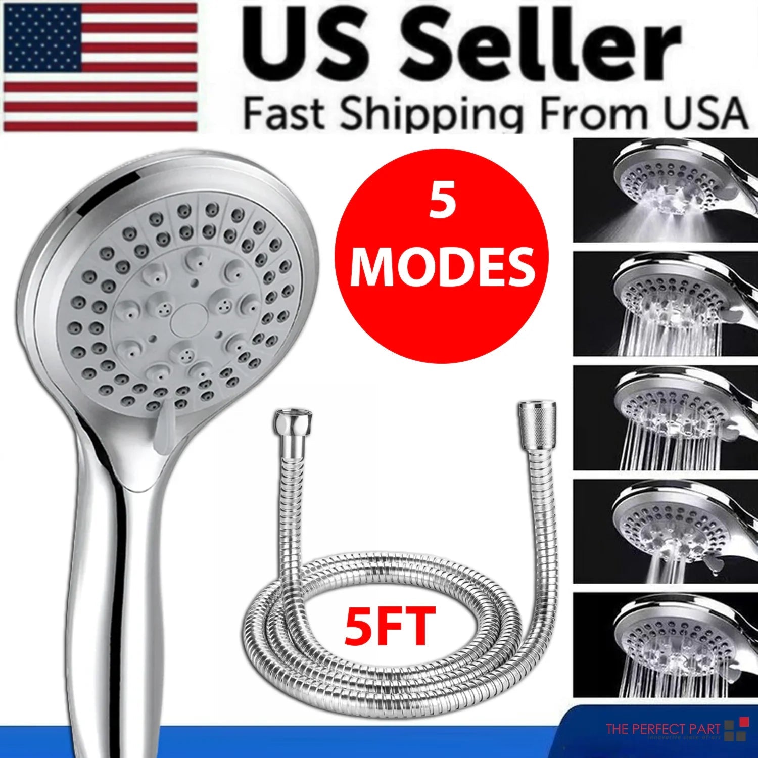 High Pressure Shower Head 5 Settings Handheld Shower Heads Spray With 5 FT Hose Pi-Mart
