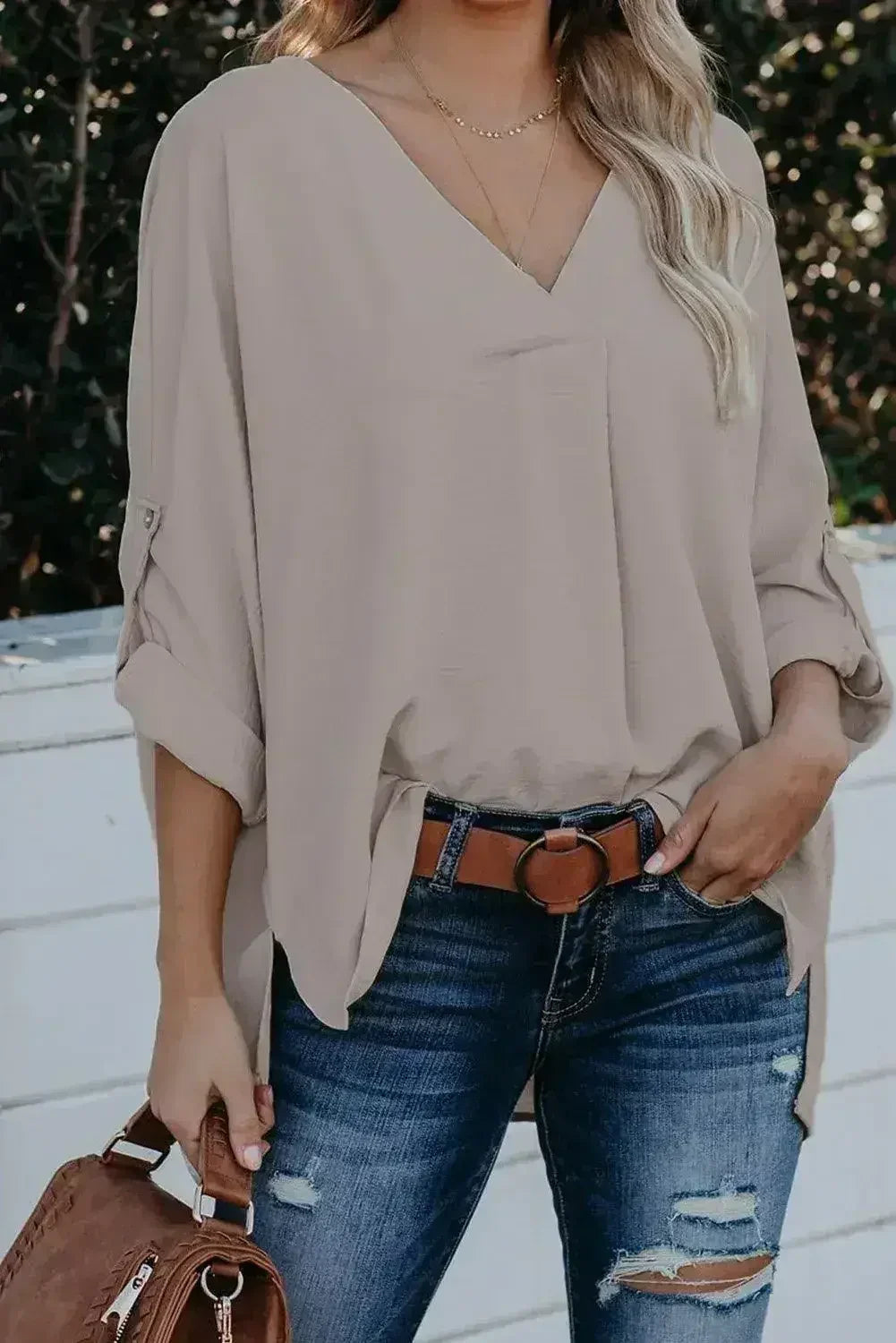 Elegant Apricot V Neck 3/4 Sleeve High Low Hem Shirt - SJB-DIAMOND ELITES