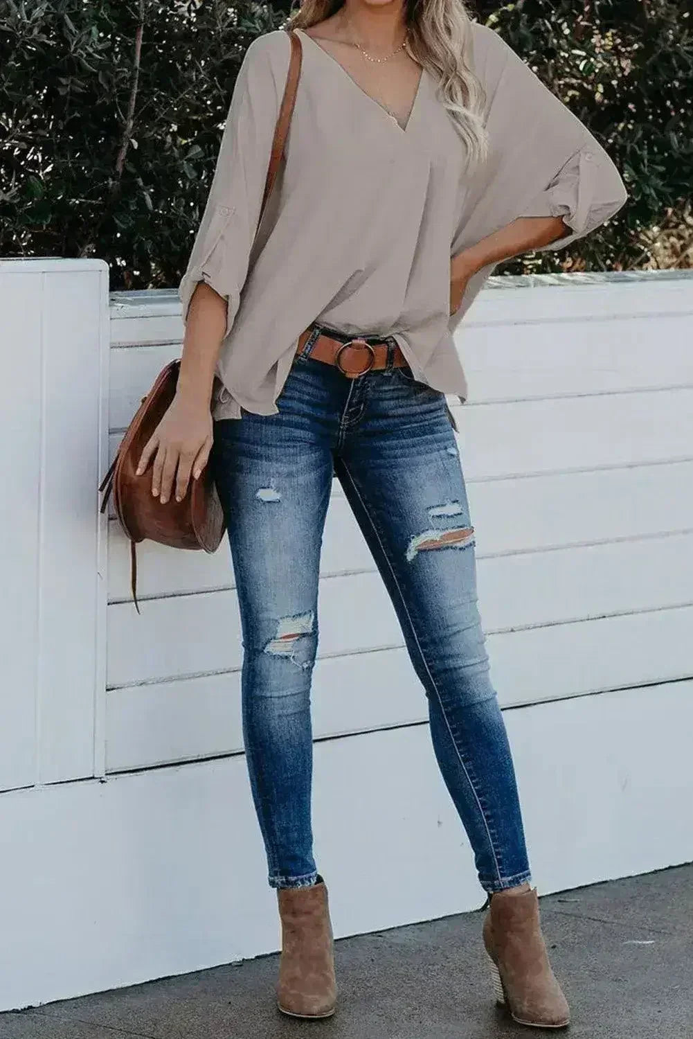 Elegant Apricot V Neck 3/4 Sleeve High Low Hem Shirt - SJB-DIAMOND ELITES