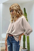 Elegant Apricot V Neck 3/4 Sleeve High Low Hem Shirt - SJB-DIAMOND ELITES