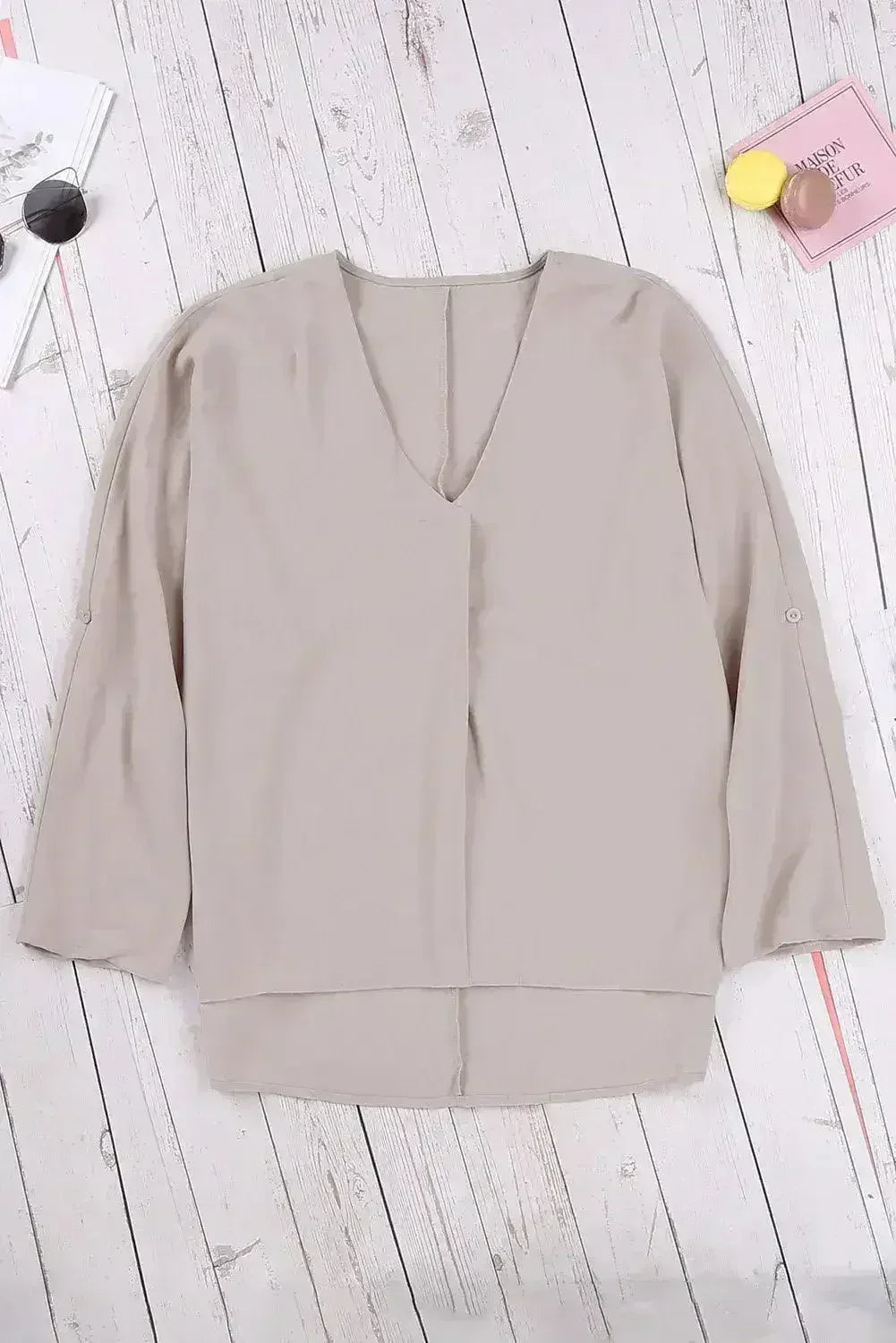 Elegant Apricot V Neck 3/4 Sleeve High Low Hem Shirt - SJB-DIAMOND ELITES