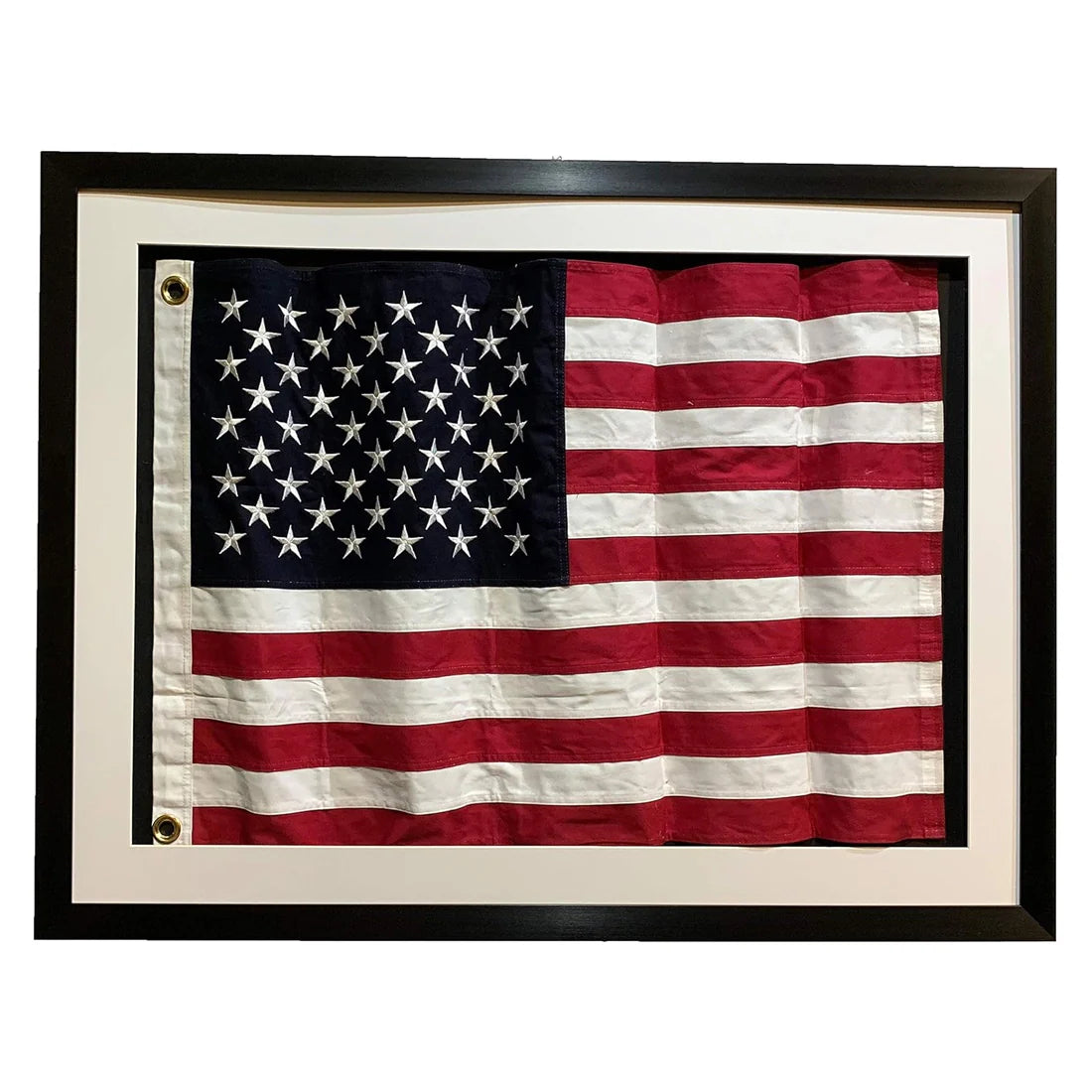 Framed Real Cloth Cotton Embroidered American Flag, USA Flag in Shadow Box Modern Frame, Wall Art, Décor The Military Gift Store
