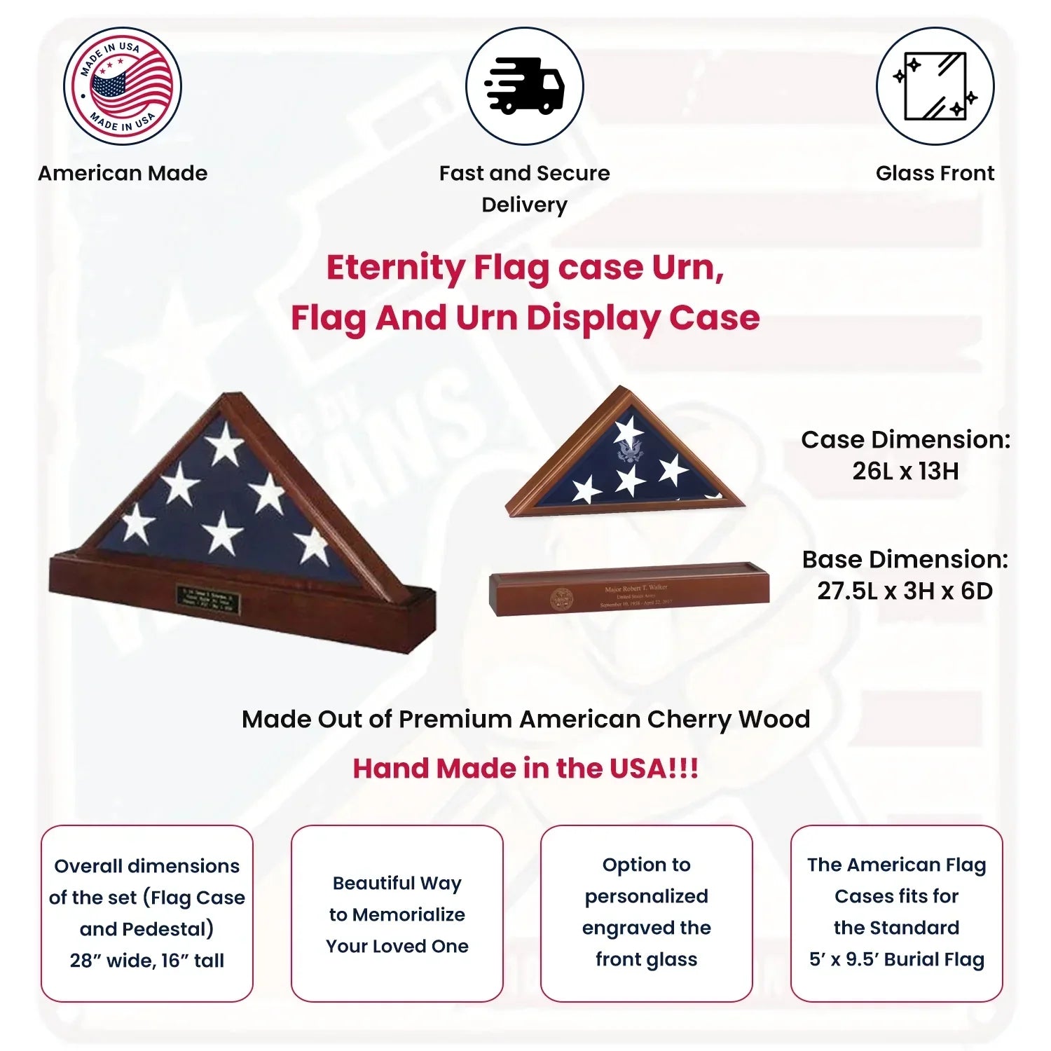 Eternity Flag Case Urn, Flag and Urn Display Case, Cherry The Military Gift Store