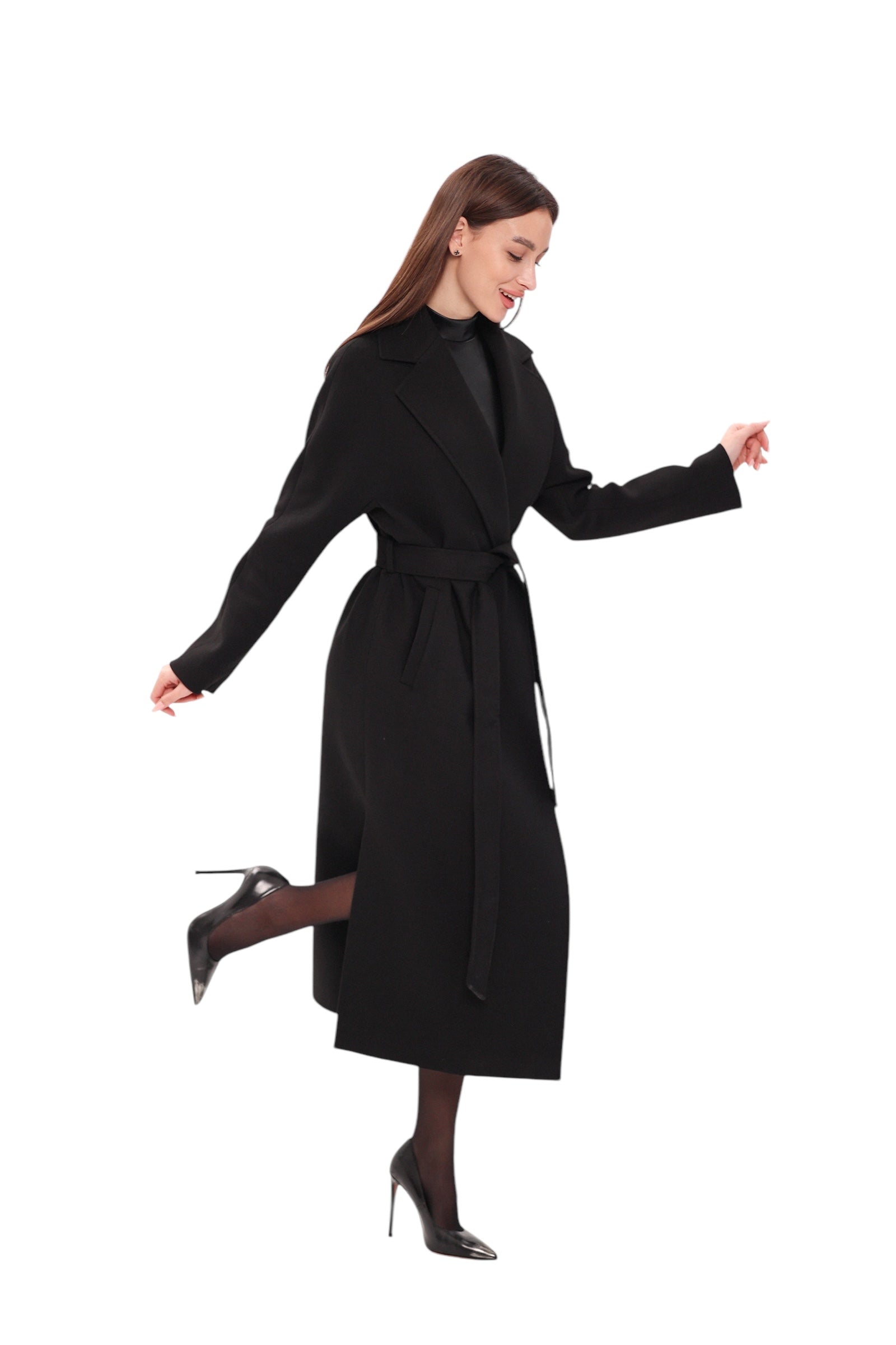 Pre-Order. Re-Stock Ships February 2026. Cambridge Comfort Wraparound Wool Cashmere Coat in Black
