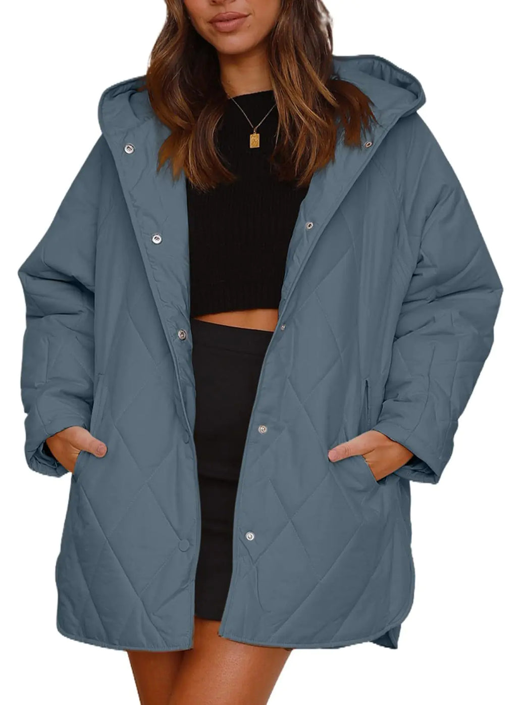 2023 Women's Casual Diamond Quilted Hooded Jacket Pi-Mart