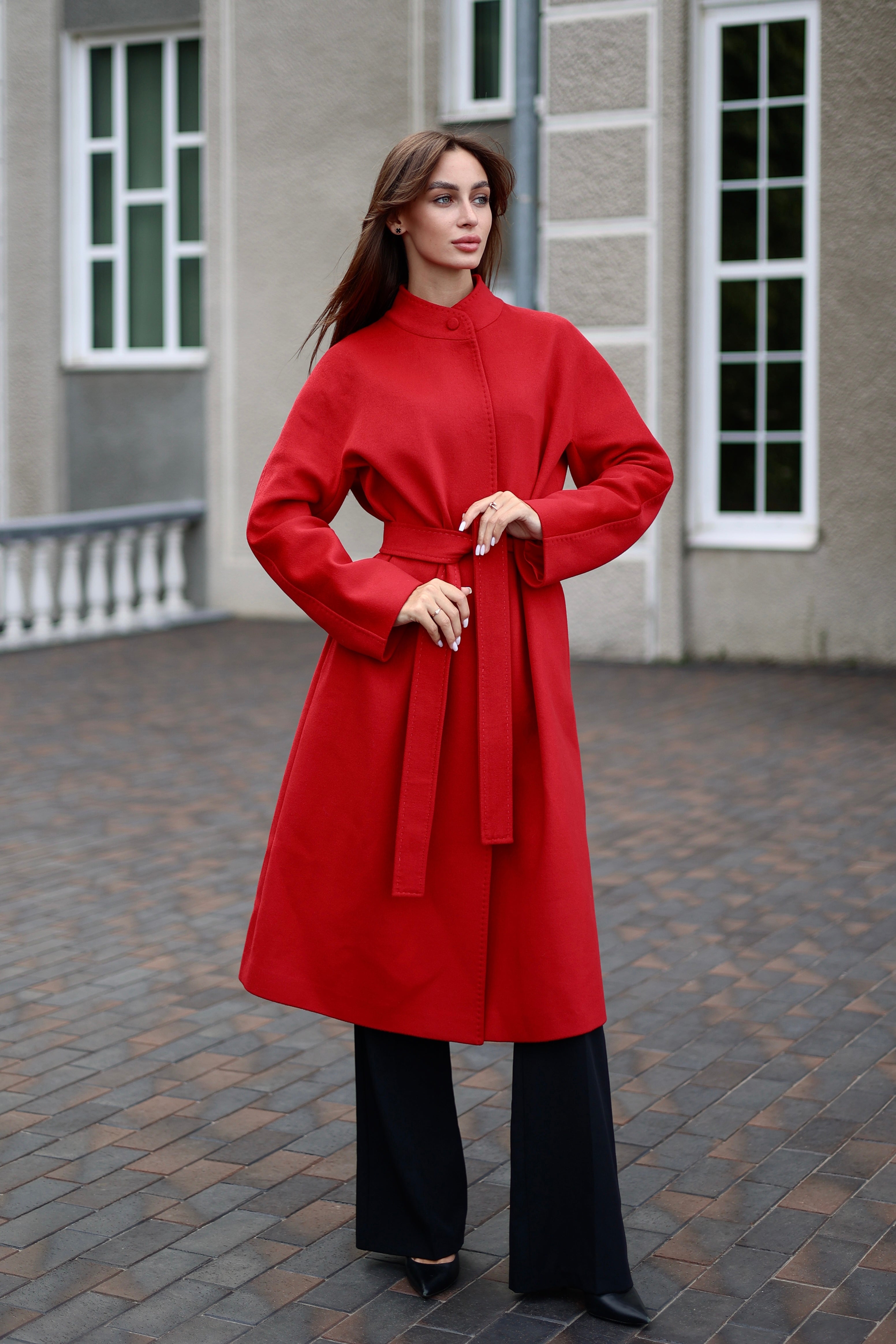 Band Collar Wool Blend Coat in Autumn Red - SJB-DIAMOND ELITES