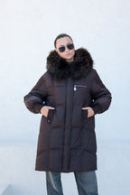 Dakota Genuine Fur Trim Down Fill Coat in Chocolate