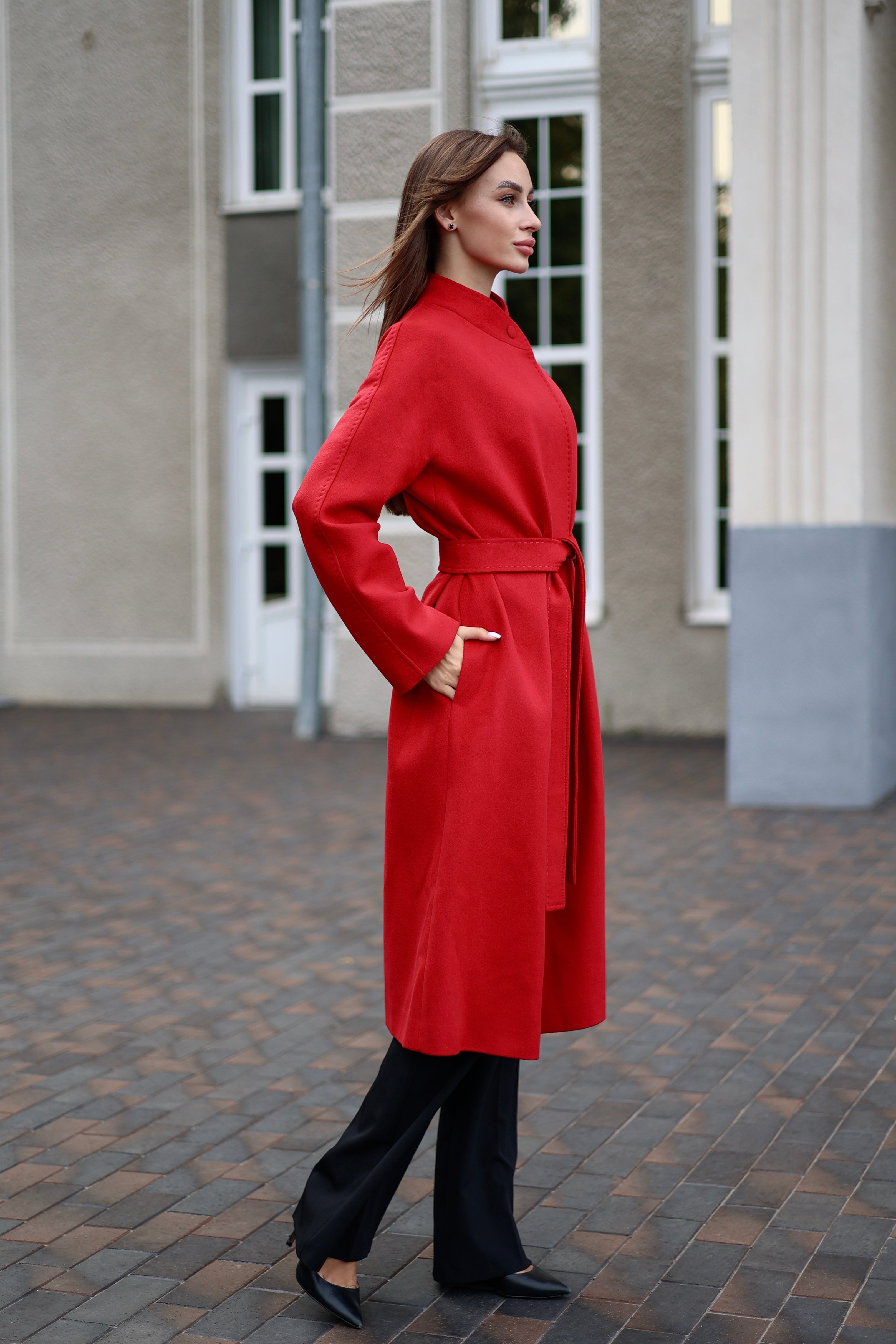 Band Collar Wool Blend Coat in Autumn Red - SJB-DIAMOND ELITES